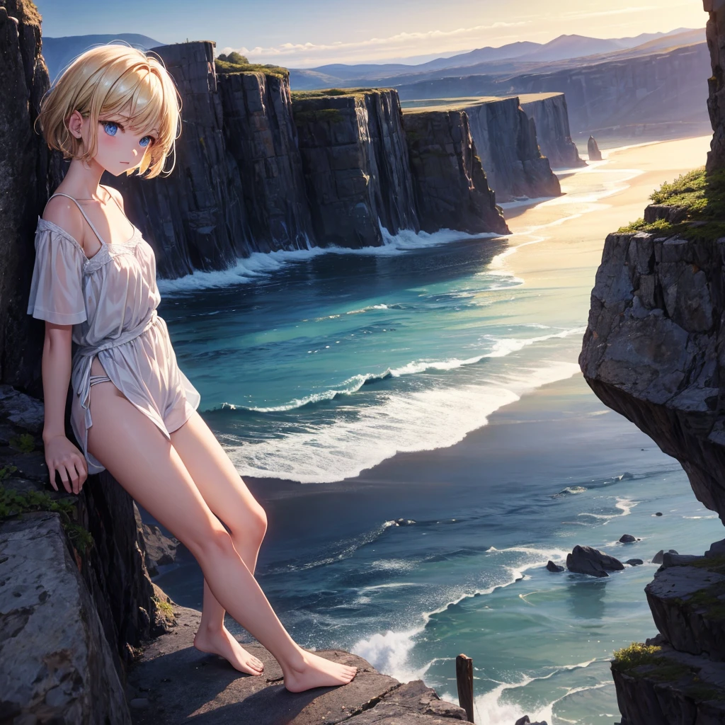 At night, a girl standing at the edge of a cliff, short hair, blonde color, blue eyes, wearing a loose small white blouse, in black underwear, barefeet