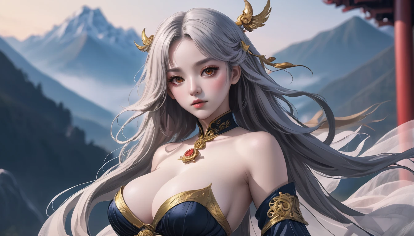 high quality,HD,16K,Sharp Line,1 Girl,fantasy, (Fire Spirits),Pretty Face, Large Breasts, Beautiful legs,In the mountains,Focus Girl,detailed Pretty Face,Detailed clothes,beautiful eyes,Cool,Sexy,Dynamic Angle,穿着华服的神明Strike a pose拍照, Ancient mysterious sexy goddess, Traditional beauty woman, Beautiful female warrior god of war , Beautiful sexy goddess, Gorgeous role-playing, high, Beautiful young girl, Beautiful woman, 华丽Beautiful woman, Complex clothing,Chinese Mystical Aesthetics, Beautiful Asian ancient mysterious girl, Extremely detailed shot of the goddess, Jaw-dropping sexy beauty, Big breasts deep neckline sexy belly button(butt), (bedroom), (Sexy Girls), masterpiece, best quality, Bangs, blush, Chest, clavicle, Eyebrows visible through hair, (Gradient red and gold hair), Jewelry, Long hair,Bright Eyes, ring, (solitary), illustration, fashionable, miss, Strike a pose, background, element, confident, Express, Accessories, majestic, striking, key point, Dynamic poses, ((plump)), (black))Woman in transparent dress,Viewer,(((Full breasts, Keeley University))),Slim waist,(Navel exposed,Bare waist), Long hair, extreme detailed details, 详细的fantasy艺术, Stunning character art, Beautiful and exquisite character art, Beautiful transparent dress, Very detailed, Large Breasts,Chest,Golden ratio figure,Beautiful figure,Ultra wide-angle shooting,Full body shot拍摄,Body close-up,Full body shot,Wearing a pleated tulle skirt,柔和动漫illustration, 柔和的深色background,Fujifilm XT3 Clear focus, f 5.6, High Detail, Clear focus,(Wearing openwork clothing),, (Natural light), (Tempting)translucent, Good velvet quality, Compared, Divine Light,, Silver hair, 天空background, Absolute Strength,Female Shinmei,穿着性感丝绸的Female Shinmei,,Large Breasts,Chest,Golden ratio figure,Beautiful figure,Ultra wide-angle shooting,Full body shot,Body close-up,Full body shot, Wearing a tulle dress, Model shooting style, Large Breasts,饱满Chest,Golden ratio figure,Beautiful figure,(Extremely detailed CG 8k wallpaper unit), The most beautiful artistic photos in the world, , 8K 超HD, ) on the beach,Sexy lazy posture,Sexy seductive expression,best quality,masterpiece,Ultra-high resolution,(Practical:1.4),original photo,Ultra-high resolution