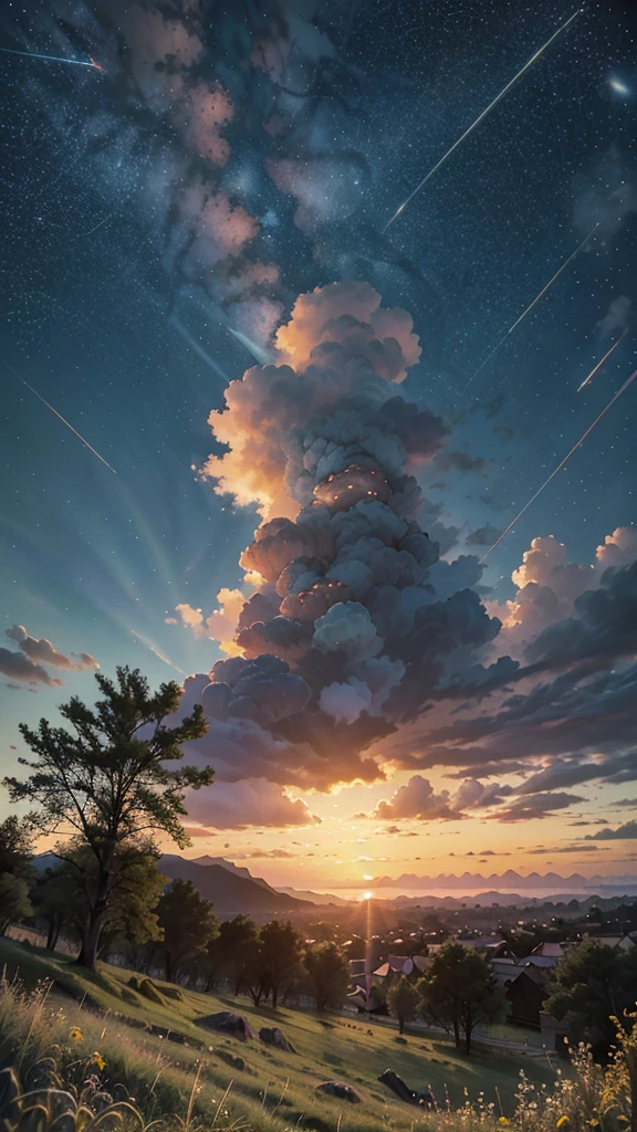 view from below with a view of the sky and the wilderness below, tree, cloud, scenery, outdoors, grass, sunset, star \(sky\), flowers, starry sky, cloudy sky, no humans, twilight, nature, wind, masterpiece, best quality, very aesthetic, absurdres