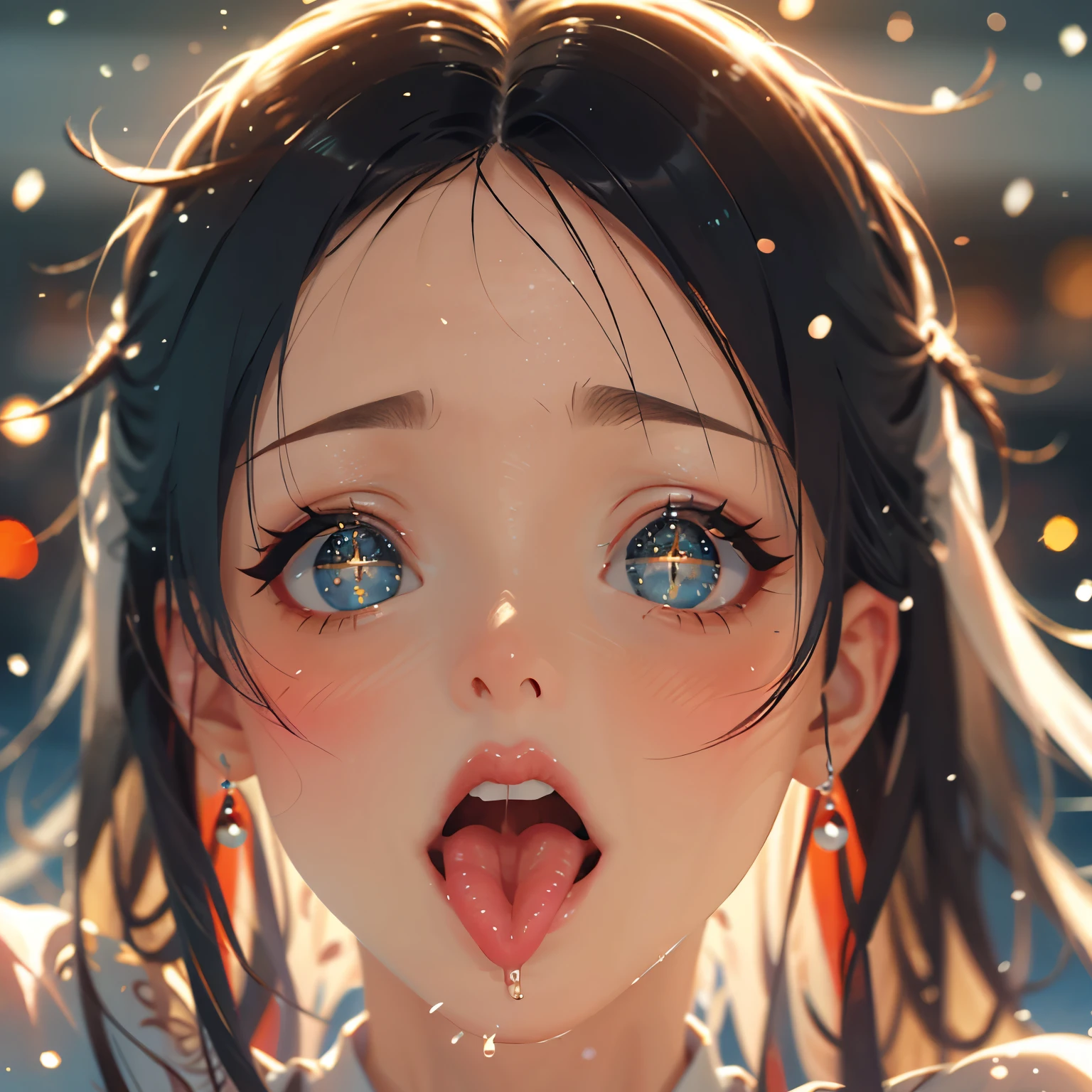 ExtremelyDetailed Kawaii girl Face,(Close-up Sweet lips), glossy lips with beautiful details, Coquettish tongue, Kissing to camera, towards the viewer, 8K TopQuality masterpiece,an extremely delicate and beautiful (ProfessionalPhoto:1.37), {Amazing|finely detail|official art|incredibly absurdres},ultra-detailed close-up shot, close up, (fish eye lens), wide lens, macro lens, Detailed reflective Eyes ElaboratePupils with (sparkling highlights:1.28) (Delicate Voluminous LongEyelashes:0.88), {(Tilted face:1.22)|Visible back of throat|saliva drips|naked shoulder}, (Dripping juice on tongue:1.23) snow particles

