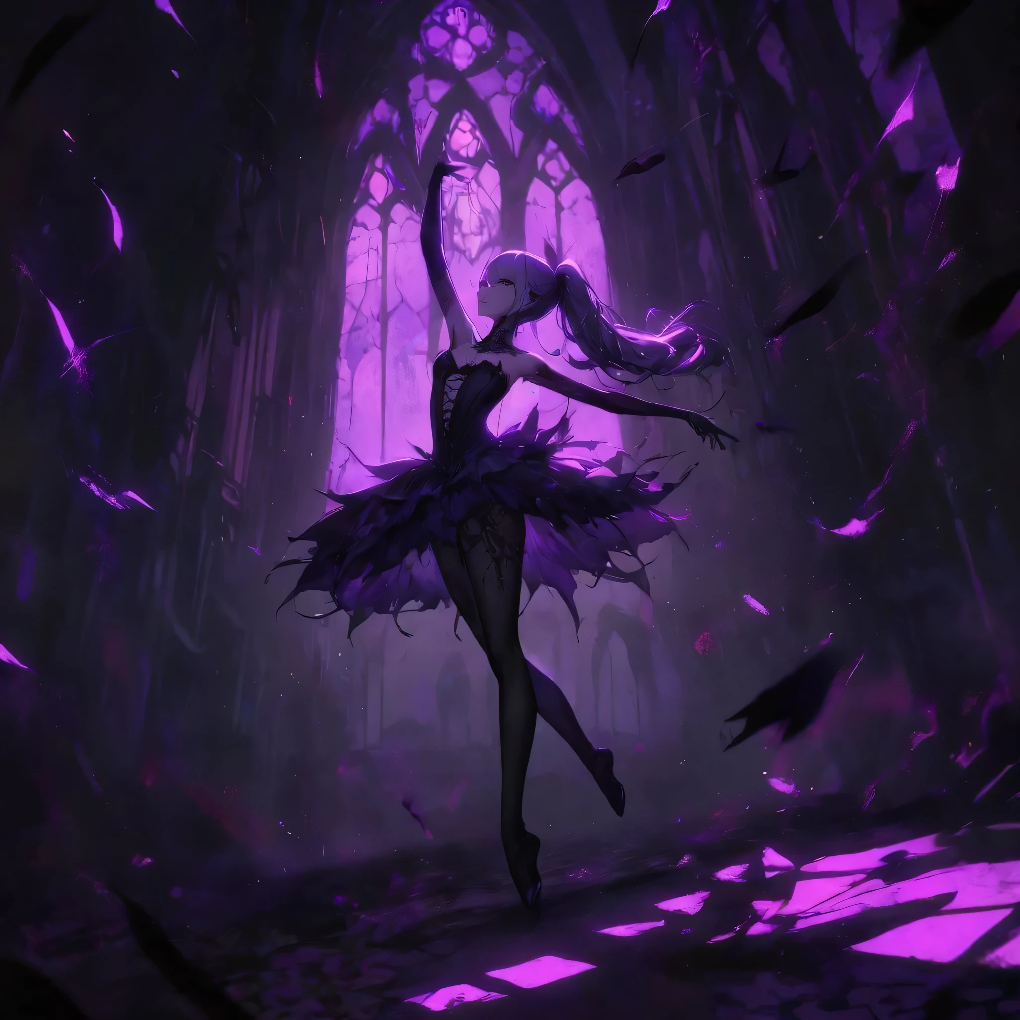 (dark atmosphere,gothic fashion,bright colors),(best quality,Super exquisite, full body view),Sexy goth Vampire ballet girl,Black Swan dancing in a rose garden at night,Tragic scene, Dynamic pose, Beautiful and delicate purple eyes,Straight black ponytail with blue tips,black lace ballet dress and tutu, dark pantyhose, ballet pointe shoes, Crow feathers,red lipstick,mysterious smile,Pale complexion,Pointed-toe bootysterious aura,The purple moonlight illuminates her elegant silhouette,Soft shadows and soft highlights,Contrasting colors create a vibrant atmosphere,dark and moody color palette,Subtle yet dramatic lighting effects,Sublime darkness intertwined with exquisite moonlight, high detailed face