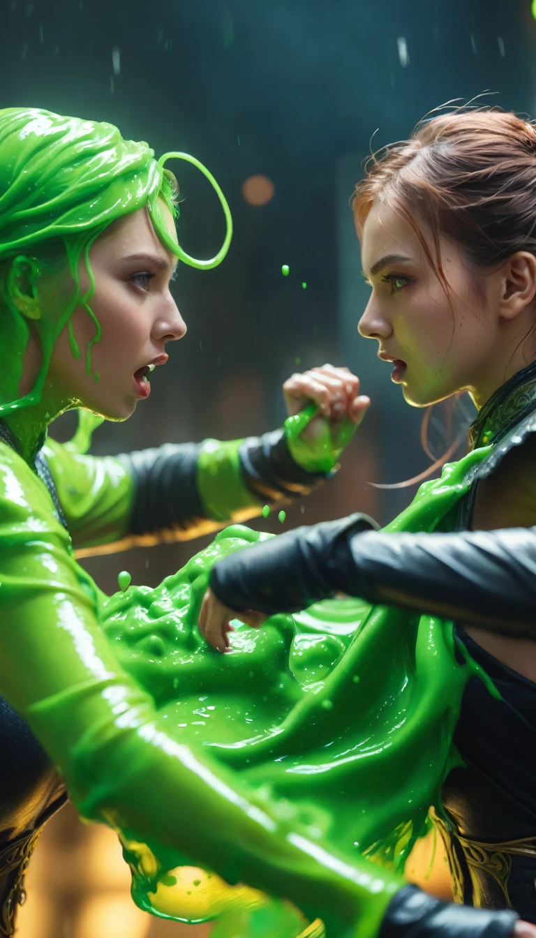 2 girls fighting in slime, digital painting, (best quality,4k,8k,highres,masterpiece:1.2),ultra-detailed,(realistic,photorealistic,photo-realistic:1.37),HDR,UHD,studio lighting,ultra-fine painting,sharp focus,physically-based rendering,extreme detail description,professional,vivid colors,bokeh,fantasy,sci-fi,surreal,dramatic lighting,dynamic composition,detailed facial features,long eyelashes,expressive eyes,beautiful skin,intricate clothing,intense battle pose,slime effects,dynamic motion blur,atmospheric depth of field