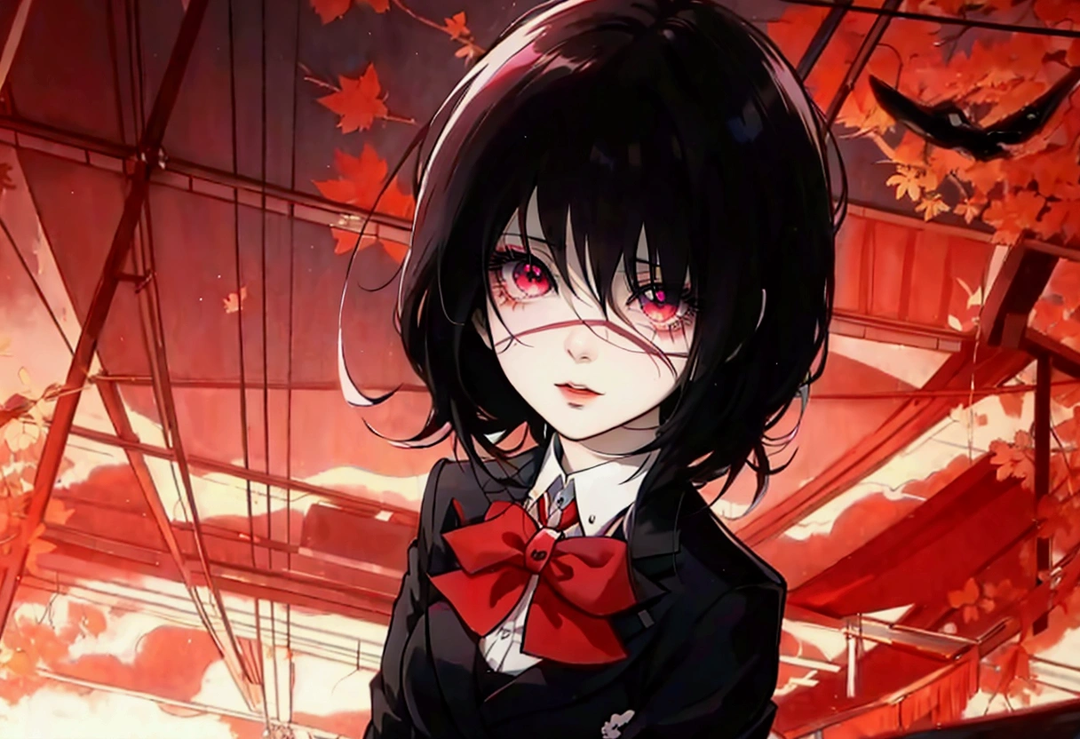 a close-up of a person in a suit and tie against the background of the sky, akane owari danganronpa, with bright red eyes com um tapa-olho no olho esquerdo, anime look of a beautiful girl, anime”, dark yandere gapmoe, with bright red eyes, by Jin Homura, anime portrait of shiina ringo, portrait dark yandere gapmoe, anime style