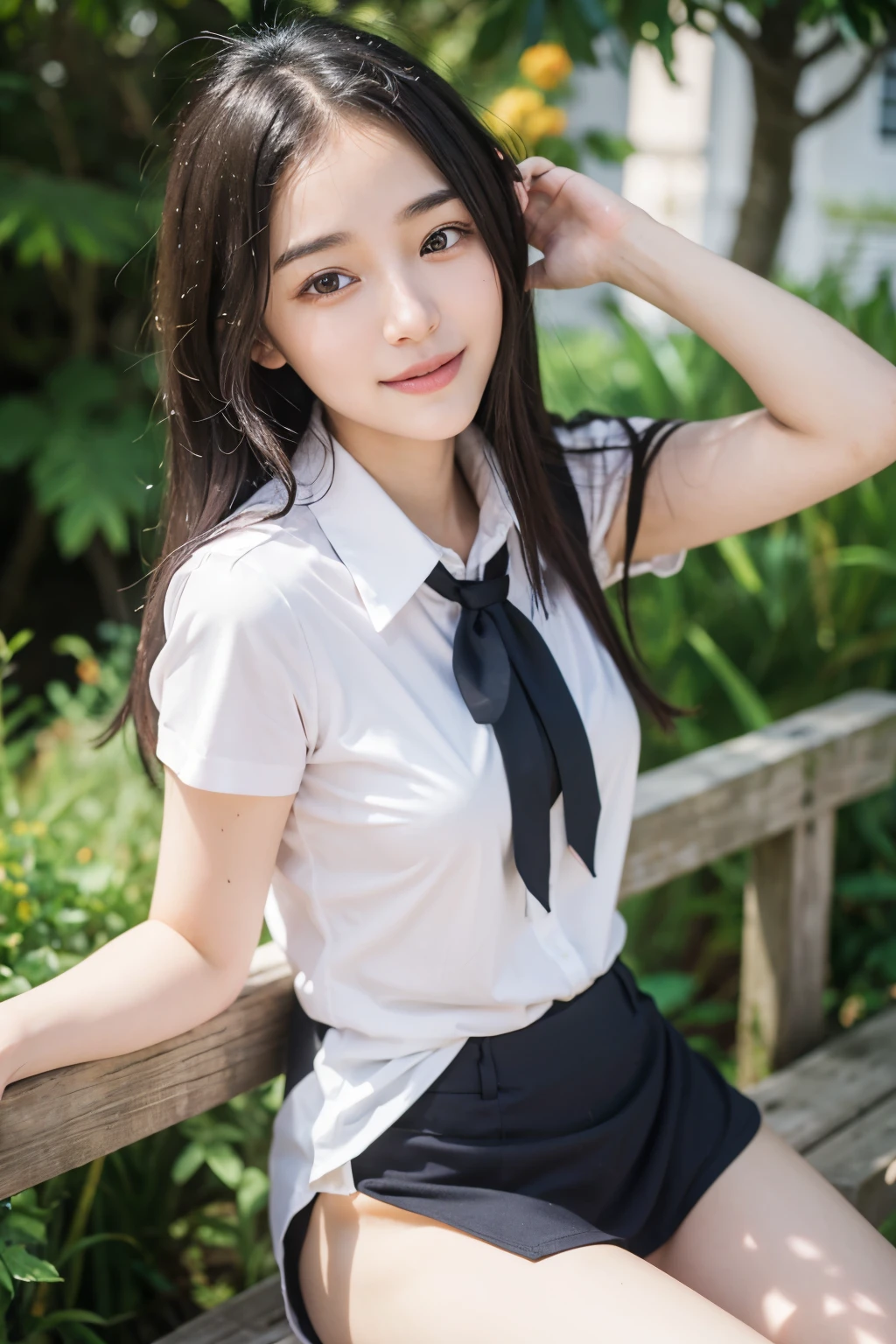 ((masterpiece)), ((best quality)), ((ultra-detailed)),((hyperrealistic)),(japanese cute girl),(shiny skin),1girl,(forehead),black hair,long hair,(black big eyes,tareme,droopy eyes),(small breasts),,dynamic angle,(((blush,in heat))), cheeks,neat and clean,(white shirt,black tie,,black miniskirt),arms behind back,school,class room,smile,