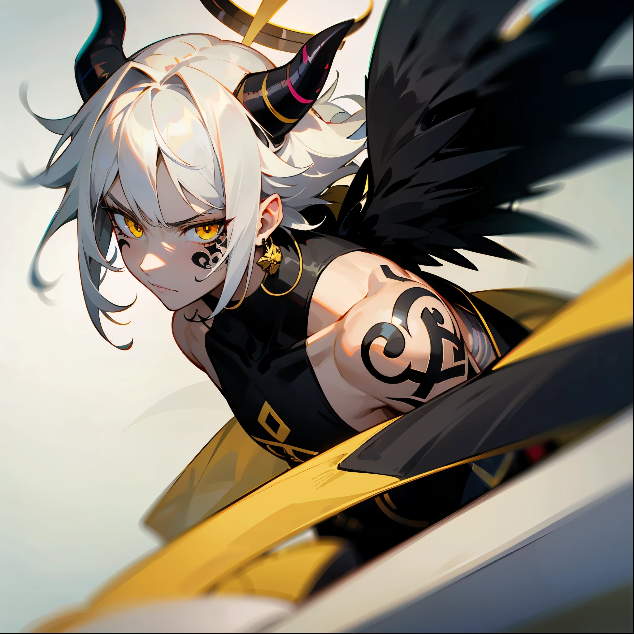 1male , White Hair , Golden Eyes , Black Halo , Black Horns , Black and Yellow Tribal Markings across body , Black and Yellow Face Tattoos , Black Demon Wings , Serious Expression , young Male 