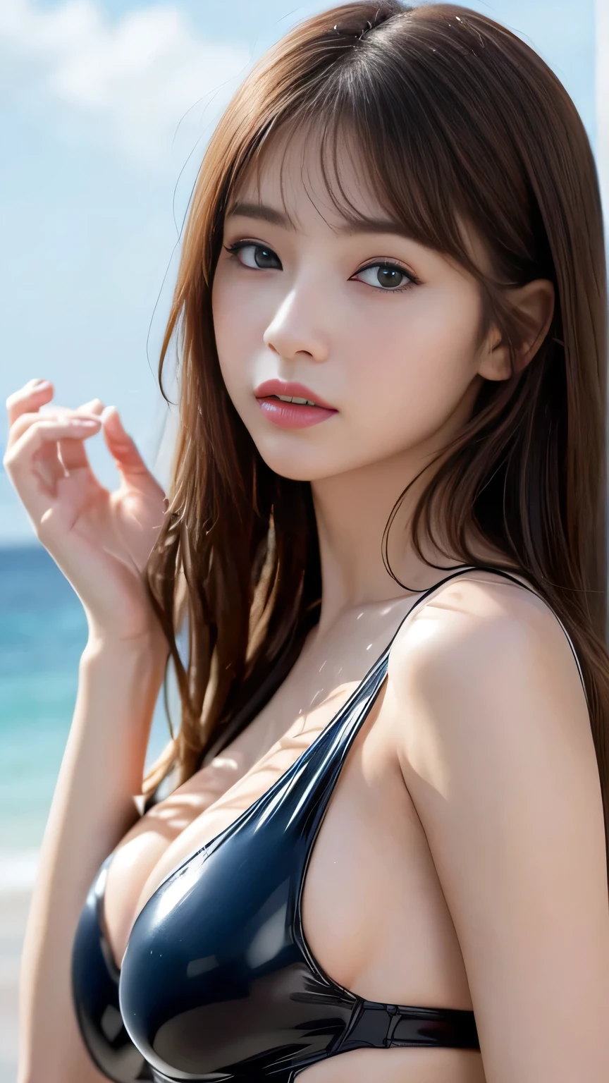 masterpiece、1 beautiful girl、 (reality: 1.4), Japanese、Asian Beauty、so beautiful、Beautiful Skin、thin、(Upper Body)、(超reality的な)、(High resolution)、(8K)、(Very detailed)、(Fine and beautiful eyes)、(Very detailedな)、Big eyes、Brown eyes、Long eyelashes、Detailed face、Gloss Lip,Bright lighting、Professional Lighting、Looking at the camera、Serious expression、Look straight ahead、Long Hair、Brown Hair、Seascape、Nogizaka idol、actress、20-year-old、Big Breasts、Big Breasts、Wet Skin、Blue Latex Suit、Cleavage cutout、Baby Face、Moist and realistic skin texture、Moist lips、Natural Shadows、(Please raise your hand),Browsing Caution,