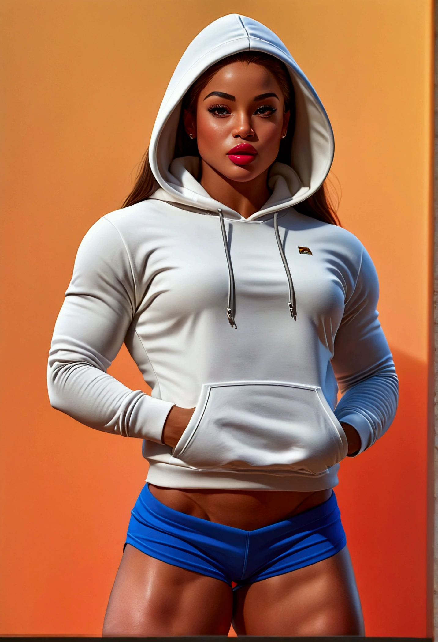 (A 35 year old woman,fitness, athletic dense toned physique,suntan,Very tight long sleeve hooded sweatshirt, tight y shorts, fit body,Long hair, seductive demeanor, lip biting,Professional lighting),(Best Quality,4k,8K,hight resolution,Masterpiece:1.2),Ultra-detailed,(Realistic,Photorealistic,photo-realistic:1.37),portrai,bright colours,Warm tones,soft-lighting, in oil, The skin is shiny, graceful, competition pose, dark-skinned African American woman, faith