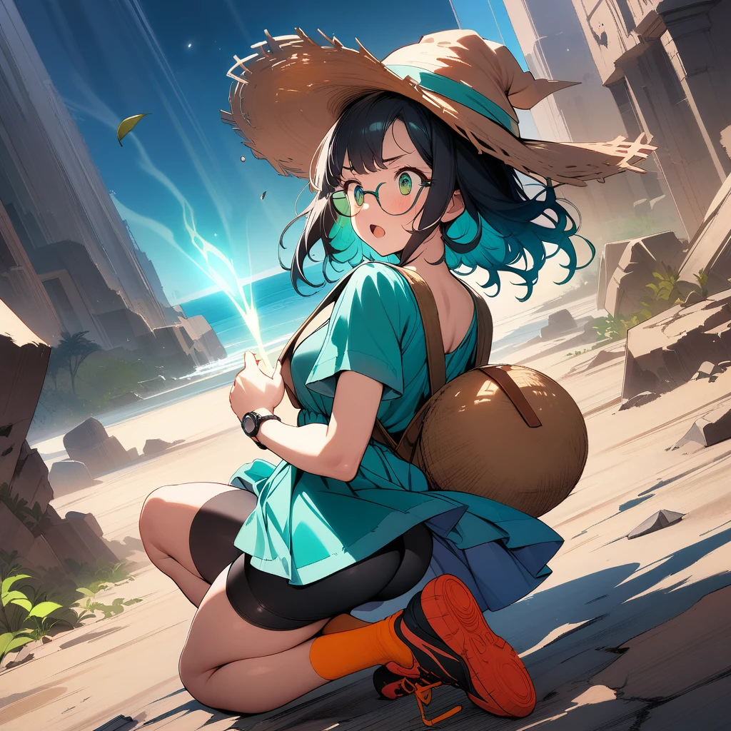(masterpiece),(best quality),very aesthetic,(ultra-detailed),(super-fine illustration),vibrant colors,high saturation,Collapsed civilization,nsfw,1girl,25yo,slender,tall,medium hair,black hair,natural wave hair,flipped hair,dark green eyes,surprised,open mouth,serious,glasses,(straw hat with leaf color ribbon),carrying a aqua blue rucksack, (thigh-high parka dress with gradient earth color,black bike shorts),short sleeves,Sneaker Shoes,short orange socks,broken wristwatch,Broken concrete ground,kneeling,on one knee,summer,wind,cowboy shot,back shot,back view,looking away,(a witch casts a light spell In the distance:1.5)