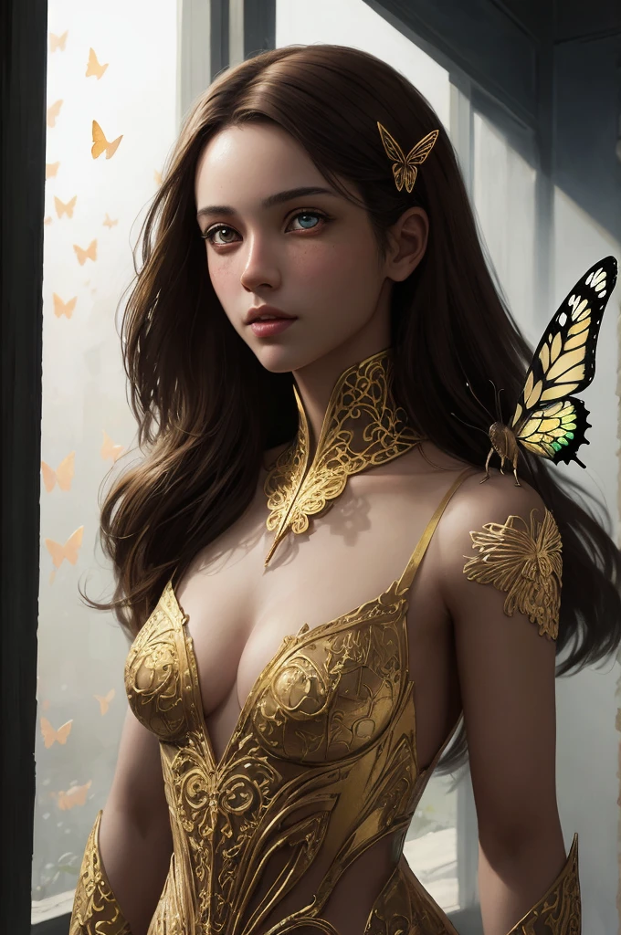8k portrait of a beautiful brown haired cyborg, Complex, elegant, Very detailed, Majestic, Digital photography, ArtJam、Luan Jia、Surreal paintings by Greg Rutkowski、Golden butterfly filigree, Broken glass, (masterpiece, Side light, Beautiful, detailed eyes: 1.2), High resolution, (Detailed background windows take on a new dimension, plants and flowers:0.7) unlimited, unlimitedのシンボル,
