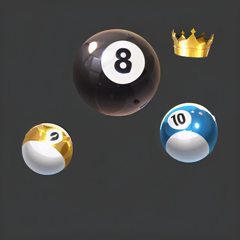 a close up of a pool ball with a crown on top of it, floating crown, cups and balls, Game Icon asset, 3d icons for mobile games, On a flat black background, Game assets, Game Icon stylized, pool caustics, Game Icon, ball, 3D game objects, Super detail for every object, Game assetss