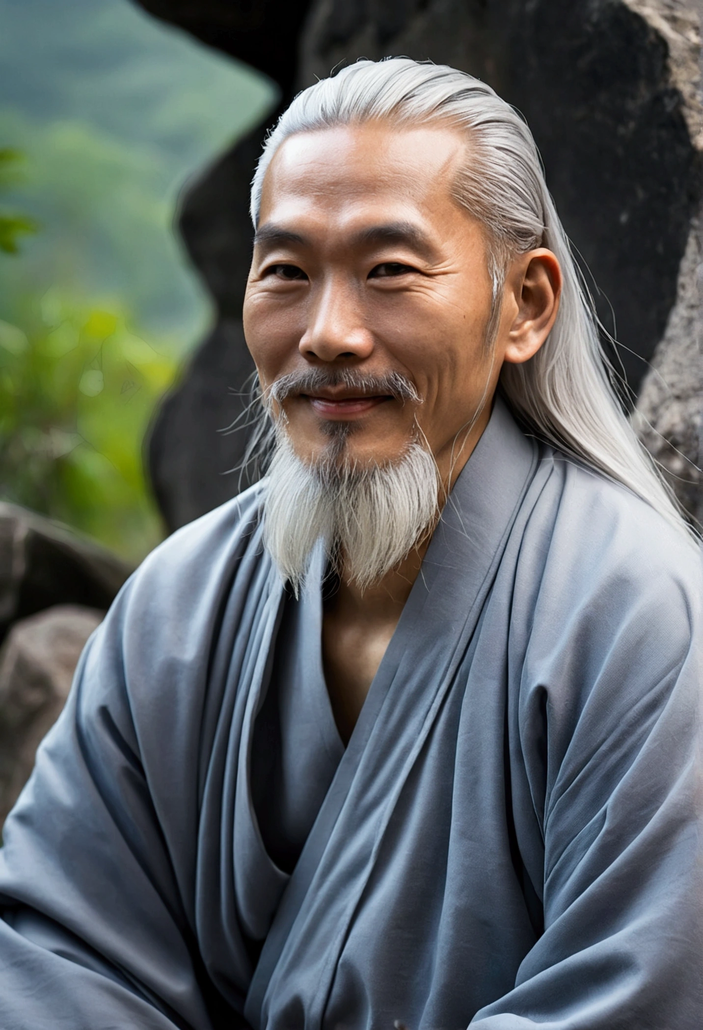 A 50-year-old middle-aged Asian Taoist monk sitting on a rock close-up,Long white hair, medium-length beard, sitting cross-legged, Taoist, Wearing gray robe, l, Taoist master, Taoist, middle center, Lens face,Very bright color, Light grain, with bright light, Mushiv, Artistic wallpaper, UHD Wallpaper, (smile).