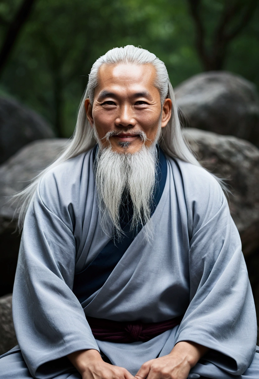 A 50-year-old middle-aged Asian Taoist monk sitting on a rock close-up,Long white hair, medium-length beard, sitting cross-legged, Taoist, Wearing gray robe, l, Taoist master, Taoist, middle center, Lens face，Very bright color, Light grain, with bright light, Mushiv, Artistic wallpaper, UHD Wallpaper, (smile).