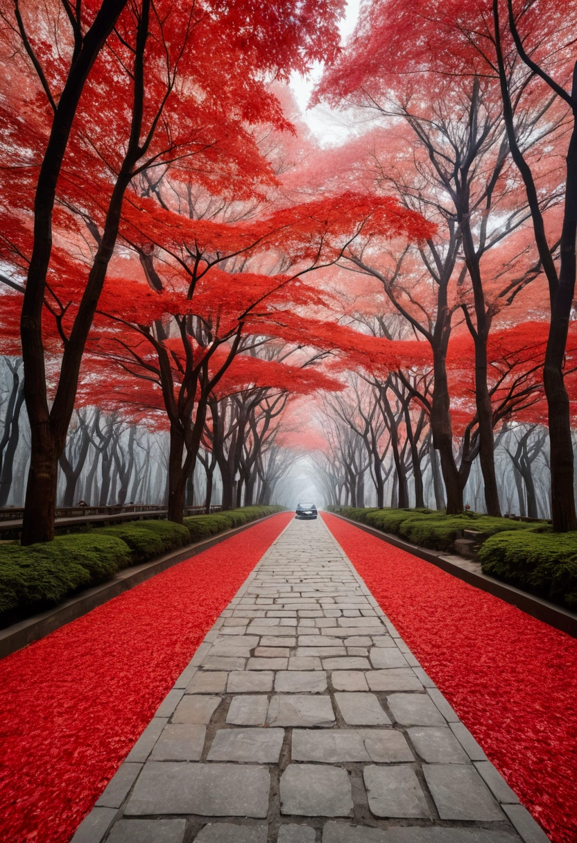 The stone path on Hanshan Mountain is sloping in the distance.Baiyun was born in a family.Park the car and sit in Love Maple Forest at night.Frost leaves are as red as February flowers.