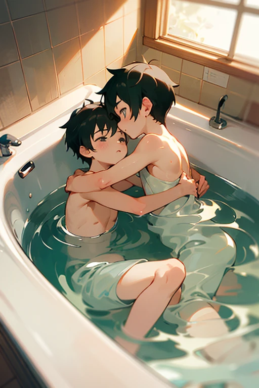 ((best quality)), ((masterpiece)), (detailed),2 boys,male couple,  boy,Hug each other,bath,,Wash the lower body,Expose,short and small,little boy,