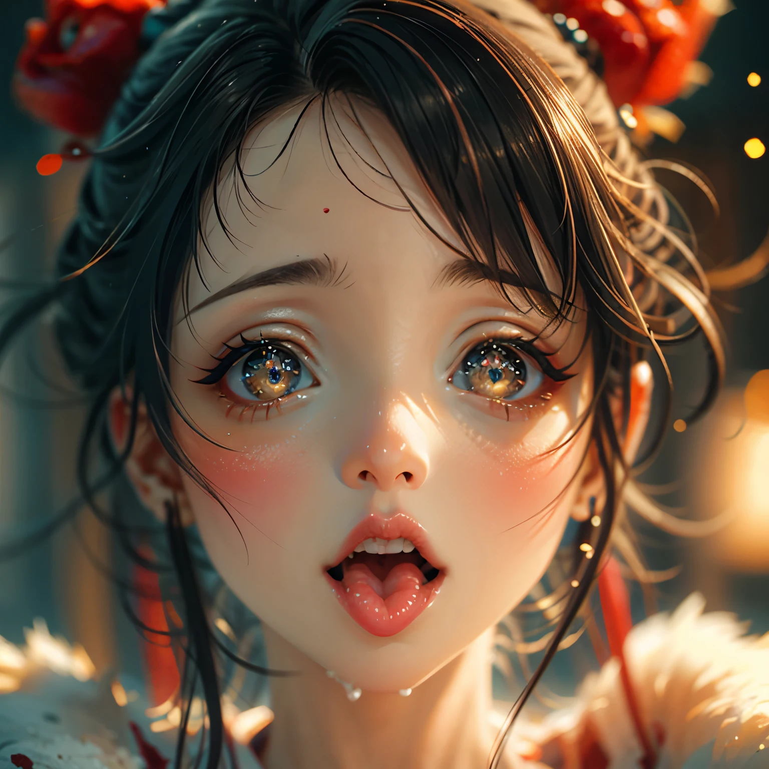 ExtremelyDetailed Kawaii girl Face,(Close-up Sweet lips), glossy lips with beautiful details, Coquettish tongue, Kissing to camera, towards the viewer, 8K TopQuality masterpiece,an extremely delicate and beautiful (ProfessionalPhoto:1.37), {Amazing|finely detail|official art|incredibly absurdres},ultra-detailed close-up shot, close up, (fish eye lens), wide lens, macro lens, Detailed reflective Eyes ElaboratePupils with (sparkling highlights:1.28) (Delicate Voluminous LongEyelashes:0.88), {(Tilted face:1.22)|Visible back of throat|saliva drips|naked shoulder}, (Dripping juice on tongue:1.23) snow particles
