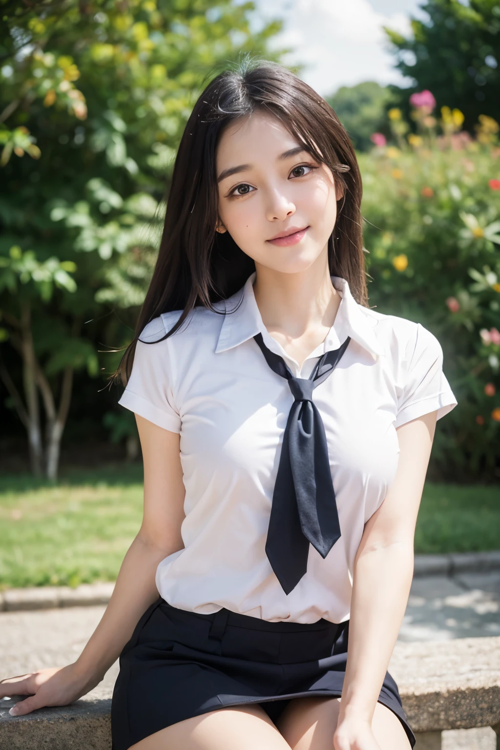 ((masterpiece)), ((best quality)), ((ultra-detailed)),((hyperrealistic)),(japanese cute girl),(shiny skin),1girl,(forehead),black hair,long hair,(black big eyes,tareme,droopy eyes),(small breasts),15 years old,dynamic angle,(((blush,in heat))), cheeks,neat and clean,(white shirt,black tie,,black miniskirt),arms behind back,school,class room,smile,