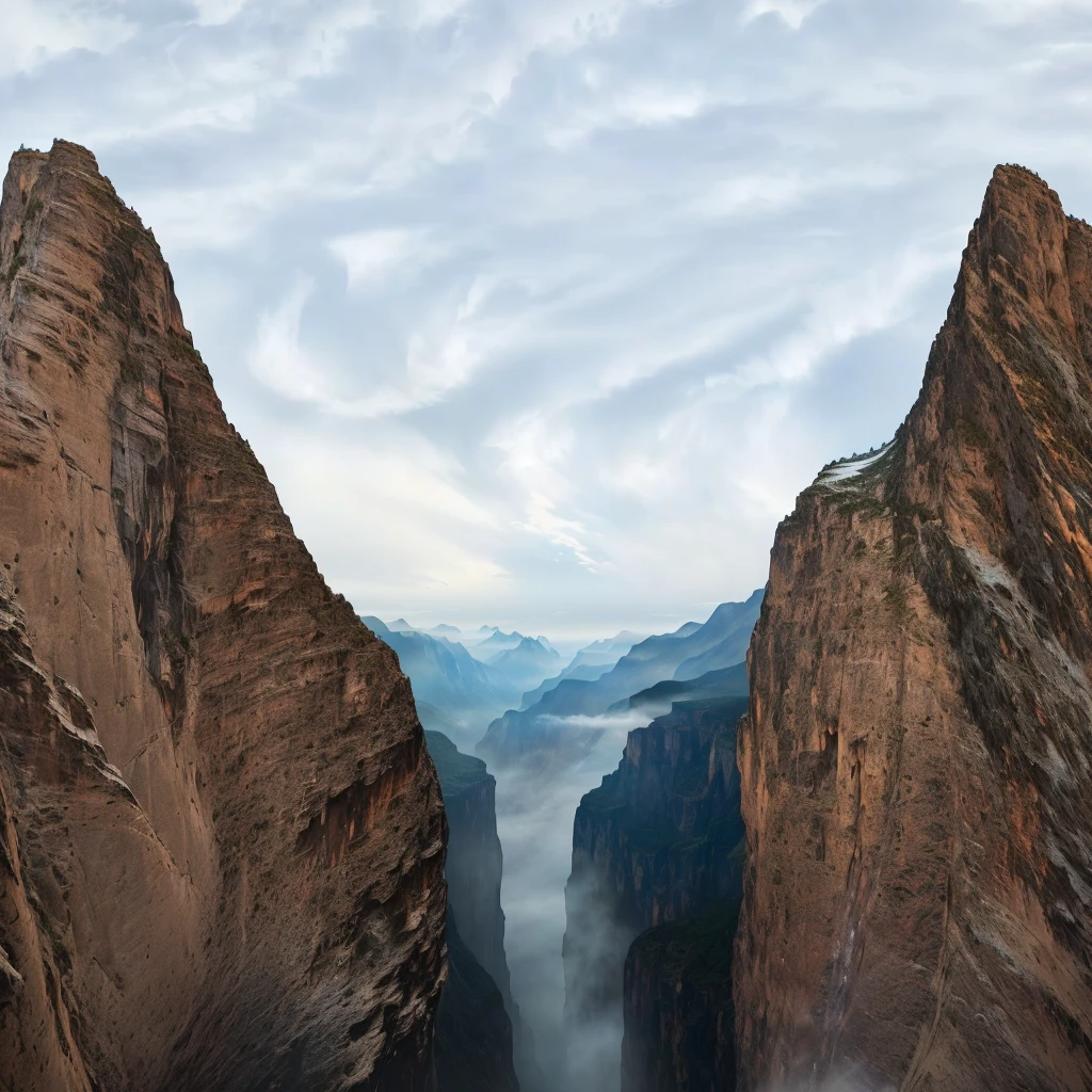 there is a picture of a mountain with a waterfall in the middle, top of a canyon, extreme panoramic, detailed scenic view, huge chasm, detailed scenery —width 672, floating mountains, symmetric matte painting, mountainous background, beautiful panoramic imagery, mountains in fog background, dramatic view, gorge in the mountain, peaks, canyon background
