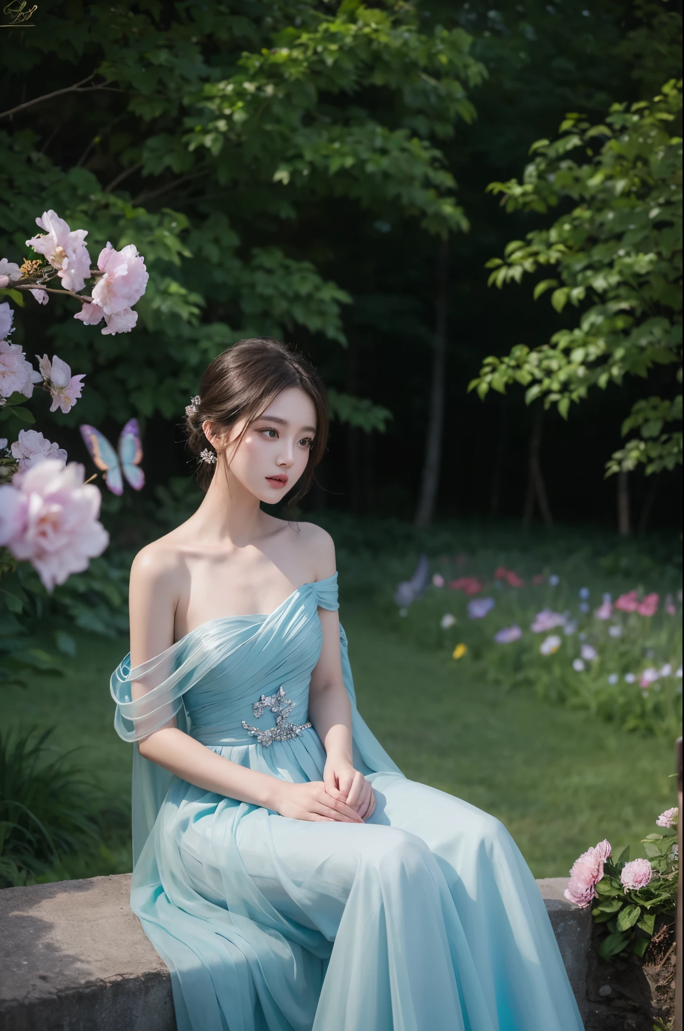 wrenchjadeluxe, gown (night), ((single bare shoulder)), iridescence, In the park under the moonlight,A beautiful girl sitting among the flowers,Surrounded by blooming flowers and fluttering butterflies。Girl's cleavage is visible,The body leans back,Support your body with your elbows,Showing an elegant and seductive posture。She has a very beautiful、Well-proportioned legs,Anatomically correct。The girl's face is delicate,Bathed in the soft moonlight,The whole scene is filled with atmospheric lighting effects。Dramatic lighting creates a cinematic atmosphere。The bright smile on the girl's face adds a touch of fantasy。