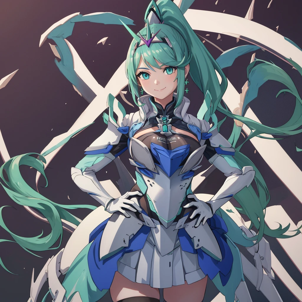 masterpiece, Highest quality, One girl, alone, Pneumadef, ponytail, tiara, Earrings, Chest jewels, armor, gloves, Hands on hips, View your viewers, smile