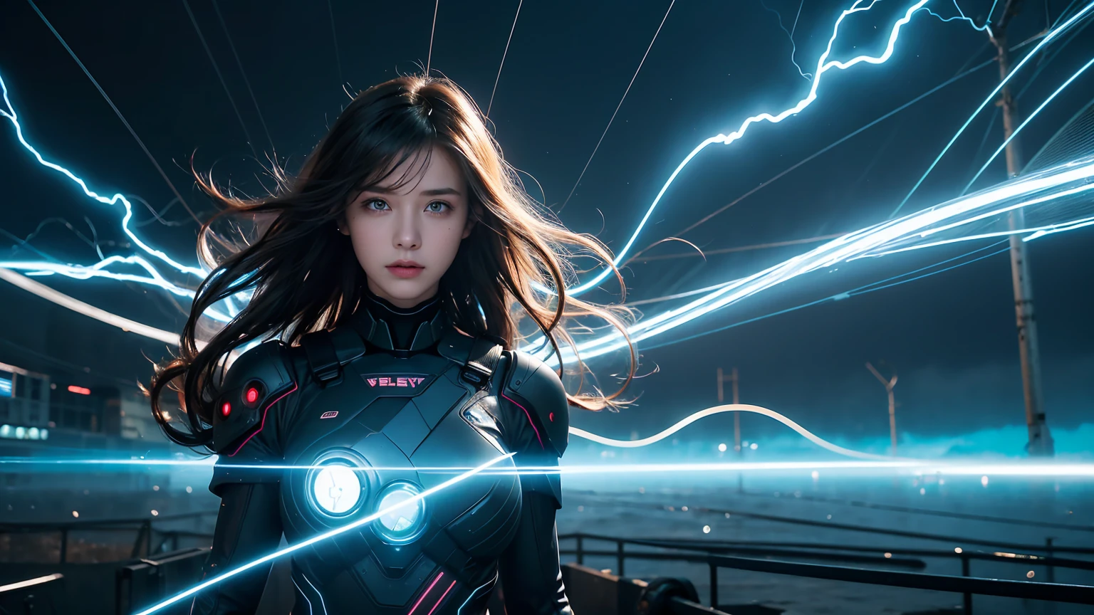 A charming girl suddenly appears from the future with electric shocks and plasma around her body and arms, style from The Terminator movies, lightening from the sky hitting her:1.5, a swirling vortex of energy shield seems to be brewing around her:1.5, floating hairs, windy, ((masterpiece)), (best quality), official art, extremely detailed CG, unity 8k wallpaper, (1girl:1.4), looking at viewer, short hairs, NSFW, water drops, power lines, painful, deserted factory, surreal, (((electricity:1.5, electric shock1:5, electrokinesis, light background))),electric aura:1.5, psychic, plasma, machinery, industrial pipe, computer, electric plug, air conditioner, explosion, burning, energy portal, neon dress, neon_outlines, (wind:1.3), long hair, her silhouette defined by vibrant neon lines, stands amidst a swirling storm. Her eyes, filled with intense emotion, gaze towards a distant horizon. The scene captures a poignant moment of farewell, framed in a cinematic style. The atmosphere is charged with the electric buzz of the future, yet tinged with the melancholy of memories fading into the past., glove,