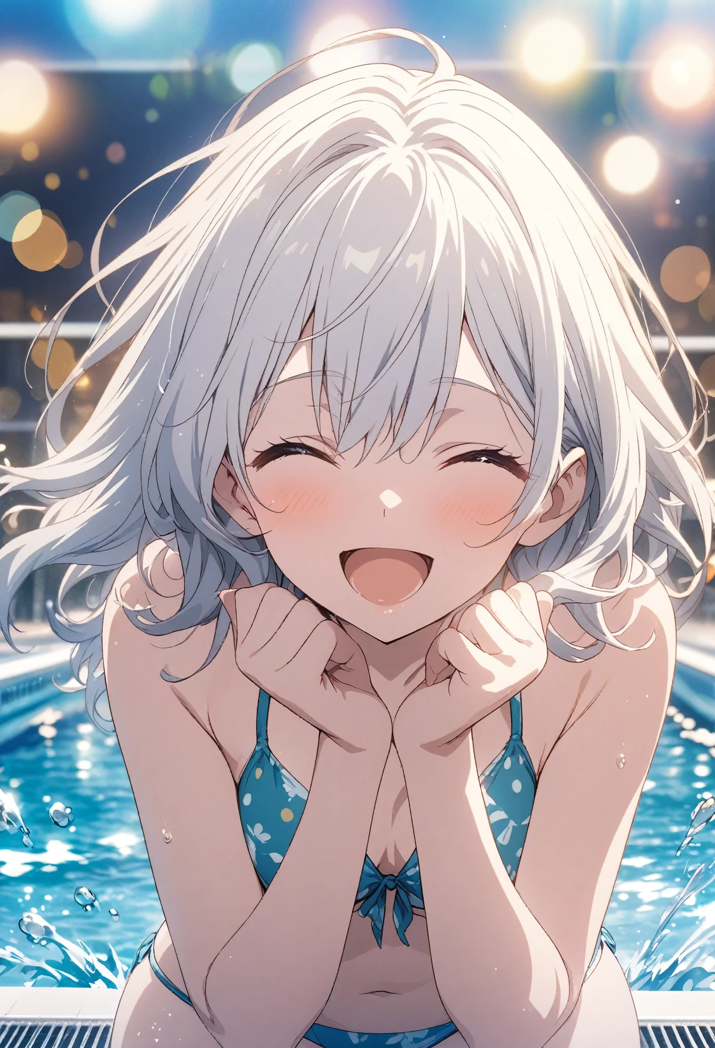Two Girls, masterpiece, Highest quality, Highly detailed CG Unity 8k wallpaper, High School Girl Anime Illustration. Please wear a cute bikini swimsuit., Raise your hands in a joyful pose, She closes her eyes and opens her mouth wide, smile. white hair color, Yellow Eyes, Bokeh, Spotlight Light, The background is a large outdoor swimming pool with sunlight streaming in., Pastel blue sky, Splash, water droplets, Bokeh photo, (Soft Focus): 1.2, Out of focus highlights, Dreamy atmosphere, Fascinating Depth