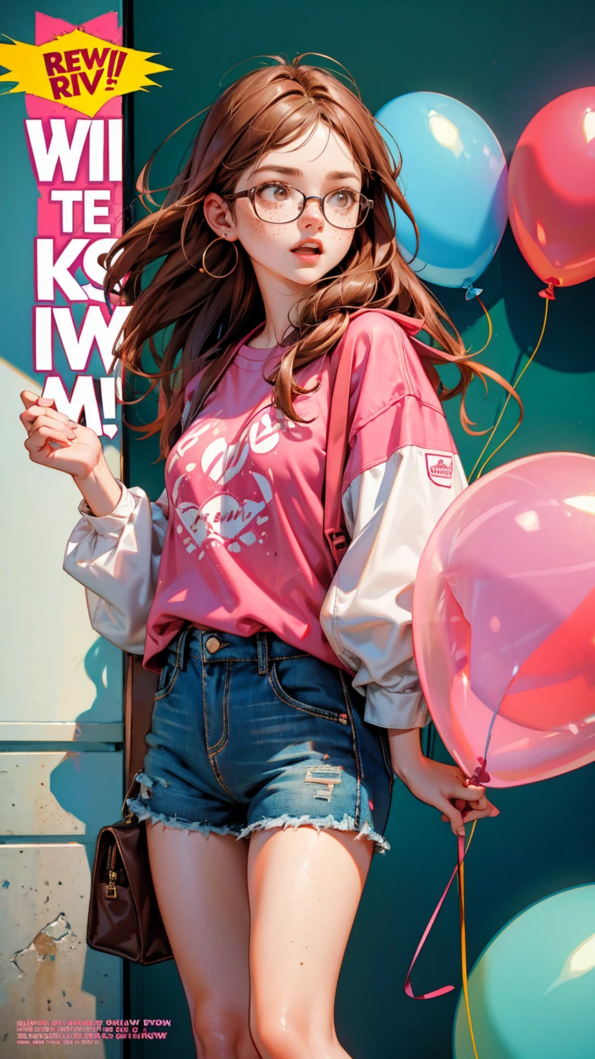 comic book cover of, girl with wearing shorts, has pink and brown hair, freckles and glasses in the style of raw, celebrating and people celebrating in front of the office with balloons, a sign on the wall says "Announcement of Announcement"