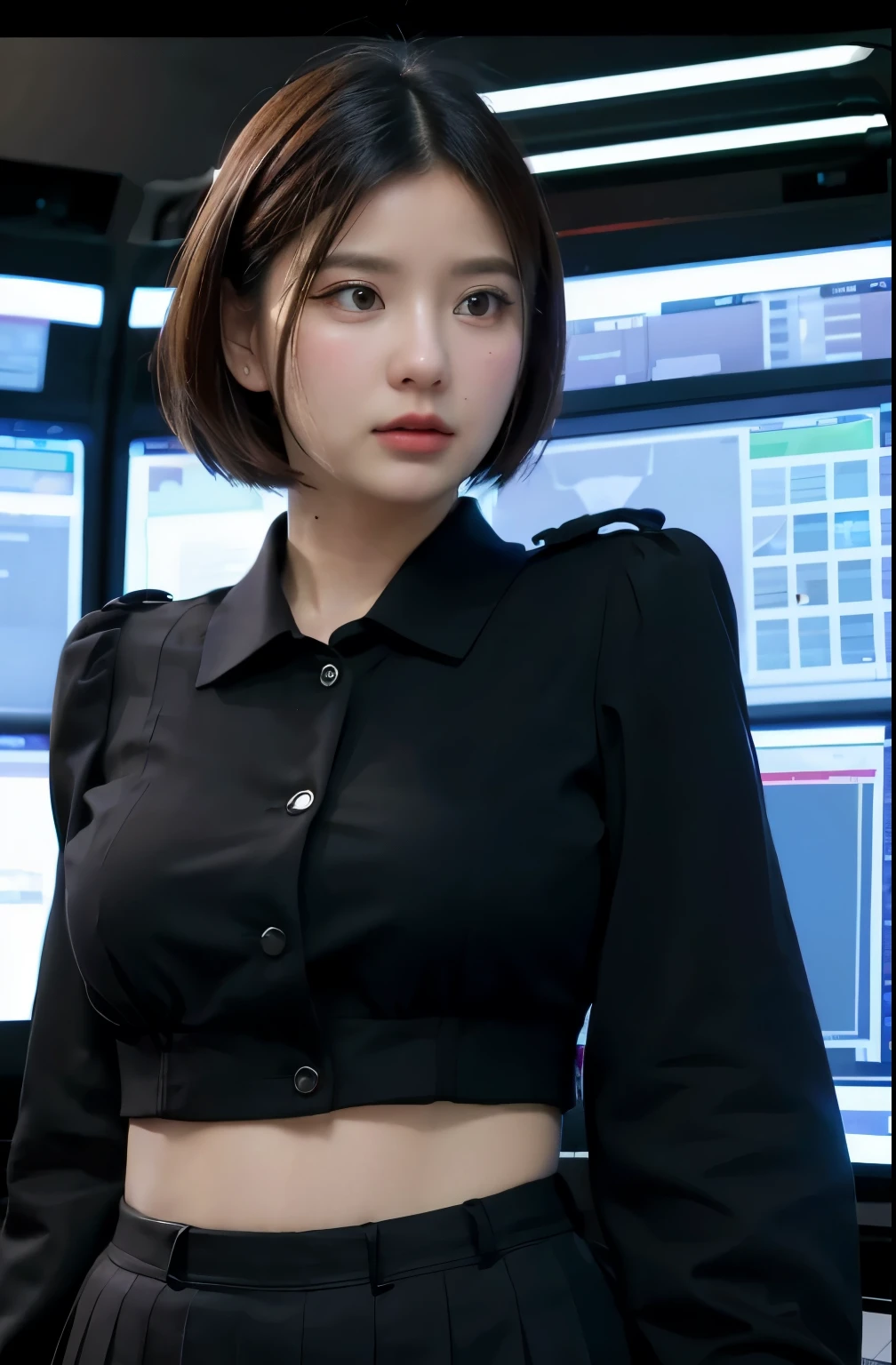 (highest resolution, distinct_image), best quality, masterpiece, highly detailed, semi realistic, a woman with short black hair, mature woman, triple bangs, black uniform, black pleated skirt, military uniform, spaceship space, control room, commander