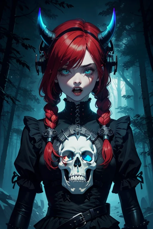 a skulls demon white with red hair dreadlock, lit horned, histeria, open head display exist puzzle, scream pale puzzle skin, ligthing internal head,face partikel destroy black lego-puzzle, neon hologram optic illusion display, double exposure hole, gothic woman, neon cybernetic implants, wearing black victorian intricated gothic dress temple, hyper glicth corrupted puzzle data, gothic ikea, gothic Psychedelic Cartography: Mapping the Mind’s Vortex, forest puzzle destroy background