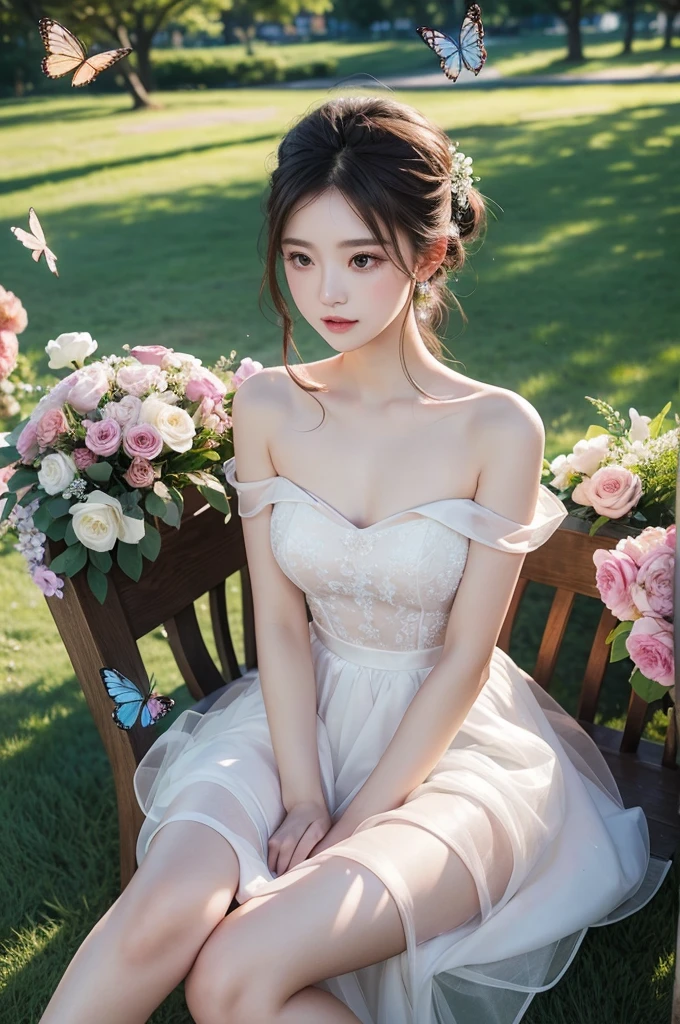 seethrough_wedding_dress (night), ((single bare shoulder)), iridescence, In the park under the moonlight，A beautiful girl sitting among the flowers，Surrounded by blooming flowers and fluttering butterflies。Girl&#39;s cleavage is visible，The body leans back，Support your body with your elbows，Showing an elegant and seductive posture。She has a very beautiful、Well-proportioned legs，Anatomically correct。The girl&#39;s face is delicate，Bathed in the soft moonlight，The whole scene is filled with atmospheric lighting effects。Dramatic lighting creates a cinematic atmosphere。The bright smile on the girl&#39;s face adds a touch of fantasy。