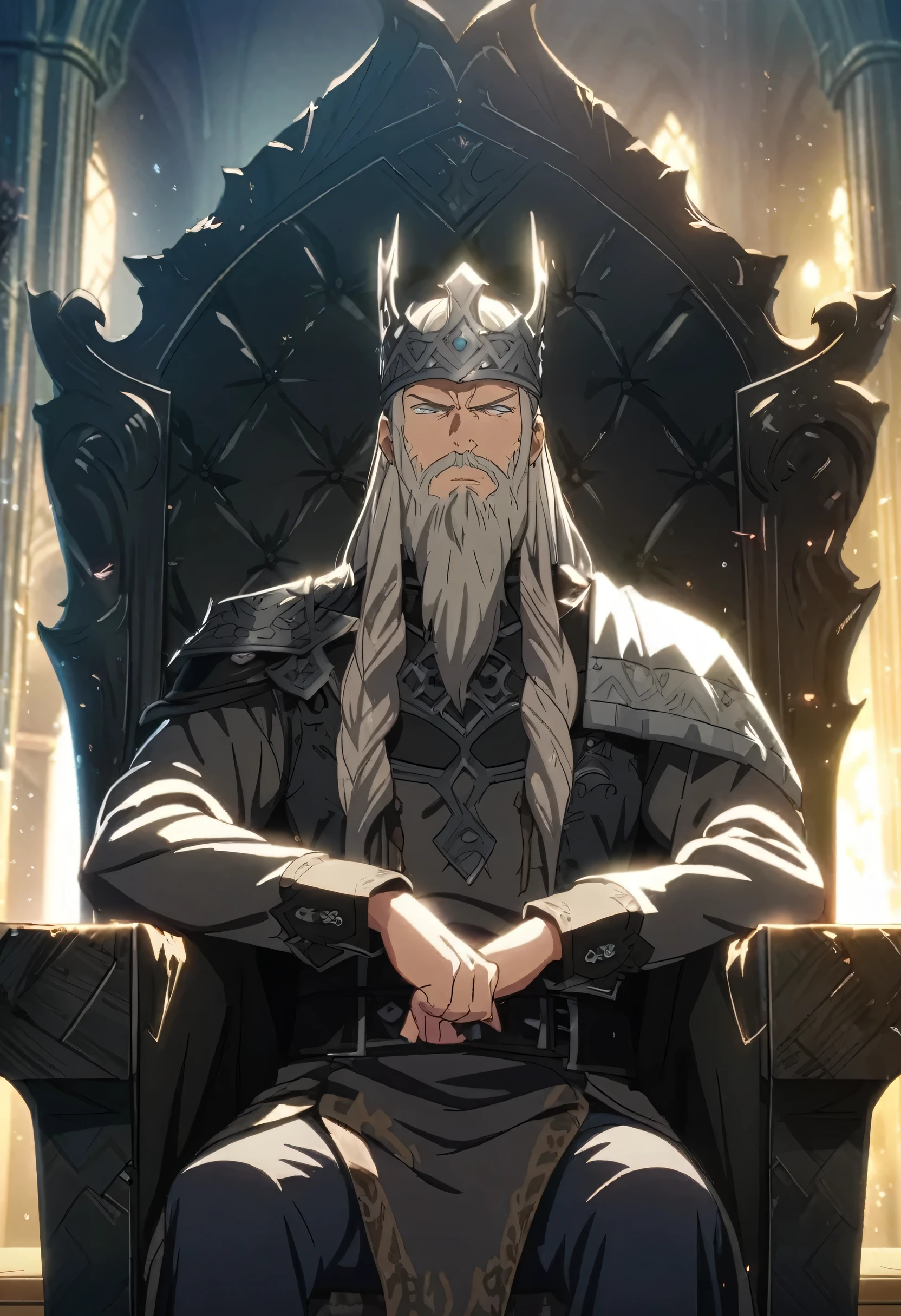 mature viking Nordic king male with a beard sitting on throne, anime, 4k, light novel cover, male, awesome, hd, viking crown