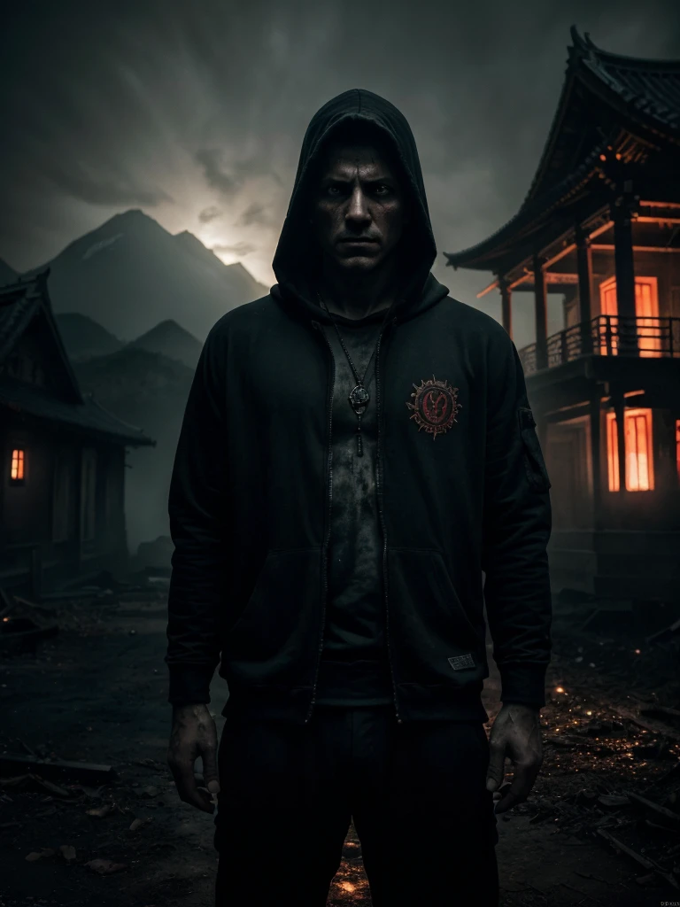 A boy and girl,20 years old,afraid,destroyed village,red aura glimmering temple in background,living dead villager resident,absolute horror capture,horrifying image,ghost, one guardian in black hoddie in side of each image cornar with a magical blackjack, (best quality,4k,8k,highres,masterpiece:1.2),ultra-detailed,(realistic,photorealistic,photo-realistic:1.37),horror,dark fantasy,moody lighting,dramatic shadows,intense colors,cinematic composition,chiaroscuro