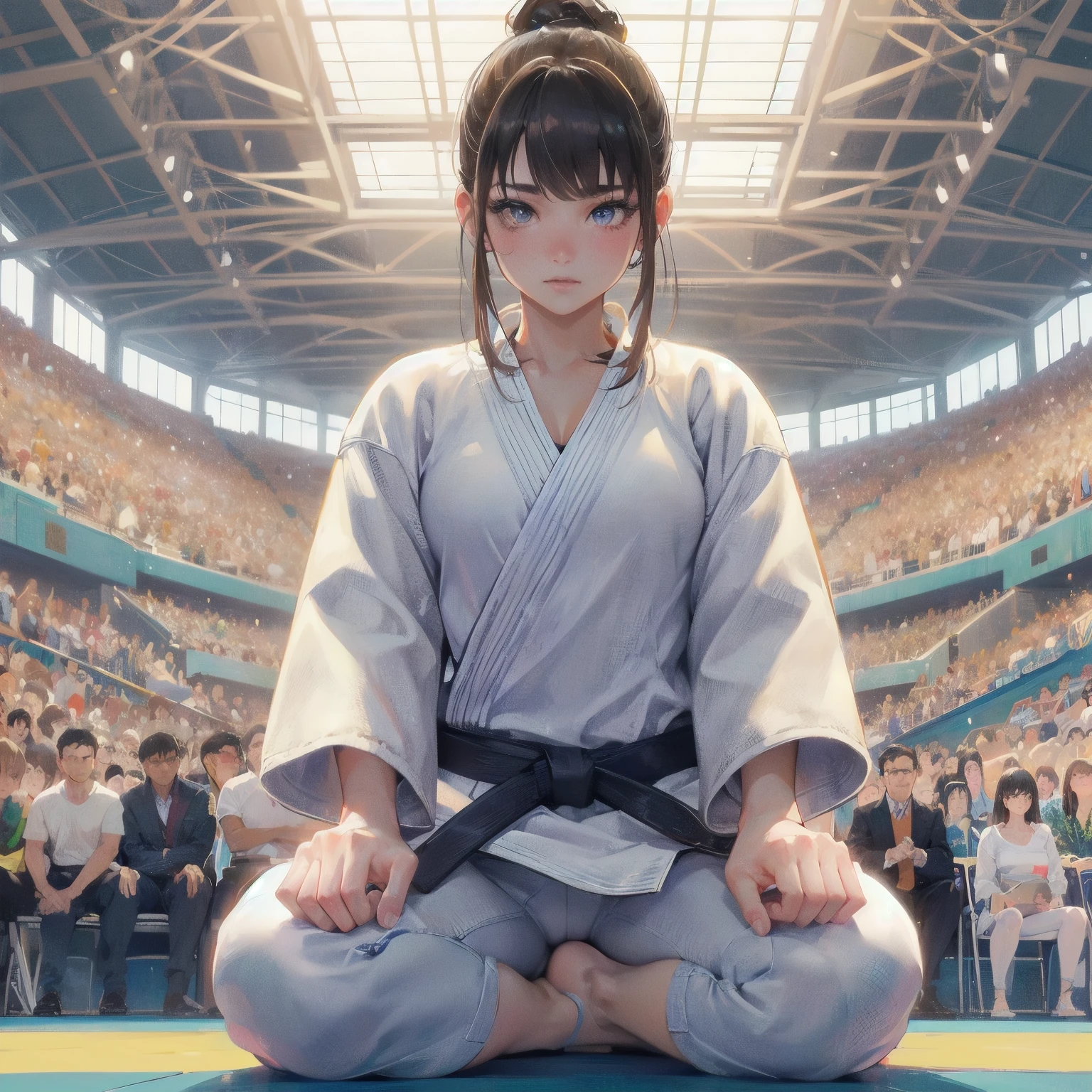 high quality,HD,16K,Sharp lines,1 girl,Female judoka ,Cute face, Medium breasts, Beautiful legs,At the Judo Stadium,Focus Girl,Detailed beautiful face,Detailed clothes,beautiful eyes,Cool,Dynamic Angle