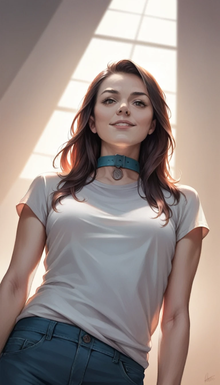best quality, masterpiece, (photorealistic:1.4), 1girl, light smile, shirt with collars, waist up, dramatic lighting, from below