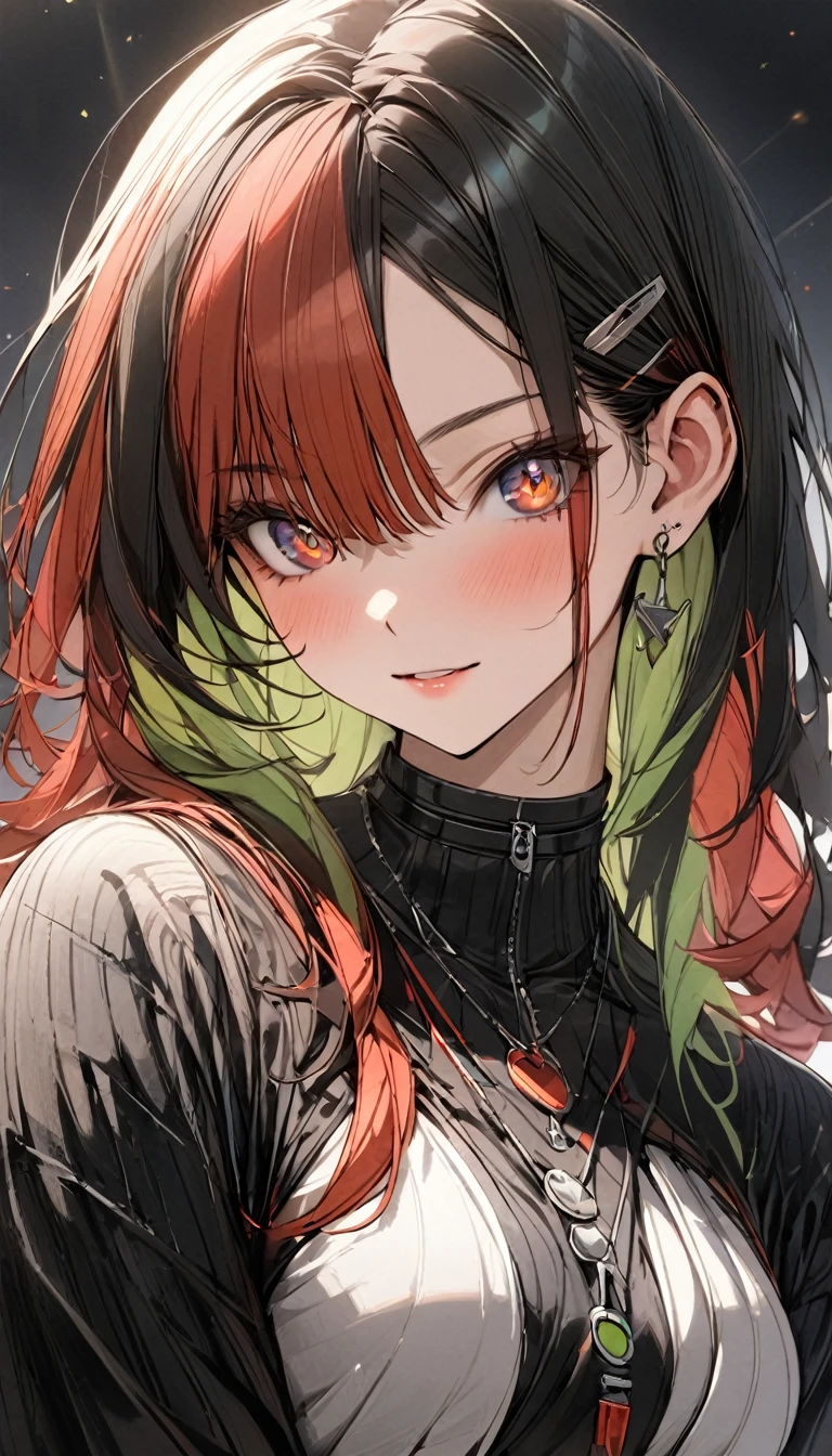1 Girl, multicoloRed hair, Colored undercoat, Black Hair, Red hair, Blue Hair, Green Hair, Symbol-shaped pupil, Super Detail, High Detail, high quality, The award-winning, best quality, high resolution