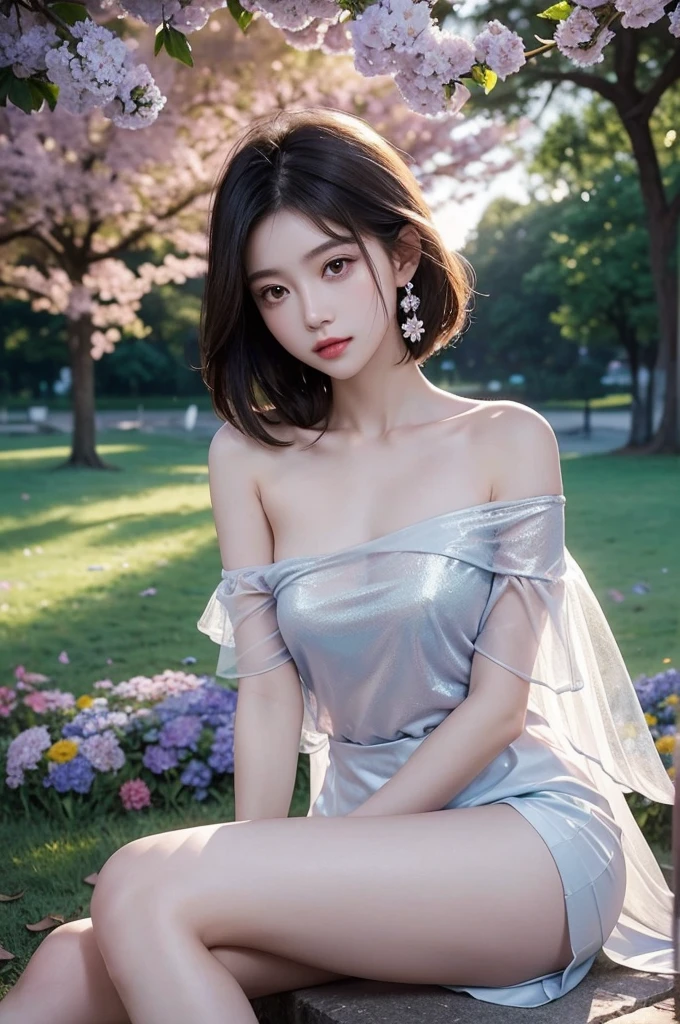 see-through,bare shoulders (night), ((single bare shoulder)), iridescence, In the park under the moonlight，A beautiful girl sitting among the flowers，Surrounded by blooming flowers and fluttering butterflies。Girl&#39;s cleavage is visible，The body leans back，Support your body with your elbows，Showing an elegant and seductive posture。She has a very beautiful、Well-proportioned legs，Anatomically correct。The girl&#39;s face is delicate，Bathed in the soft moonlight，The whole scene is filled with atmospheric lighting effects。Dramatic lighting creates a cinematic atmosphere。The bright smile on the girl&#39;s face adds a touch of fantasy。