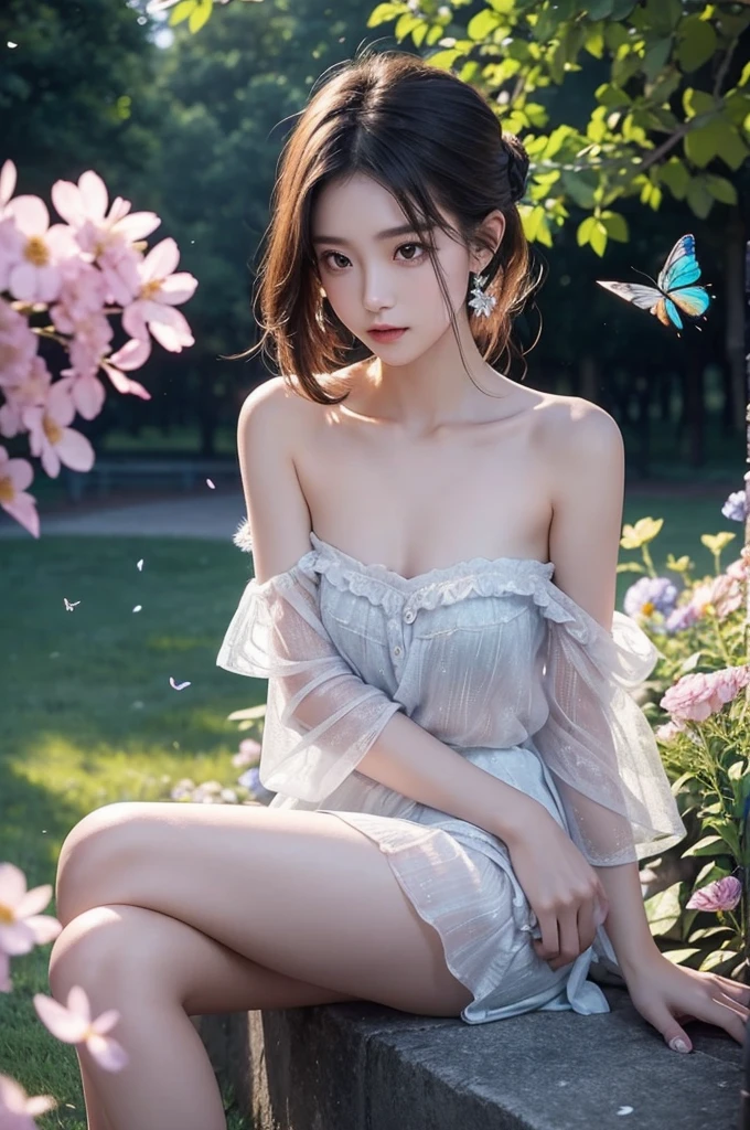 see-through,bare shoulders (night), ((single bare shoulder)), iridescence, In the park under the moonlight，A beautiful girl sitting among the flowers，Surrounded by blooming flowers and fluttering butterflies。Girl&#39;s cleavage is visible，The body leans back，Support your body with your elbows，Showing an elegant and seductive posture。She has a very beautiful、Well-proportioned legs，Anatomically correct。The girl&#39;s face is delicate，Bathed in the soft moonlight，The whole scene is filled with atmospheric lighting effects。Dramatic lighting creates a cinematic atmosphere。The bright smile on the girl&#39;s face adds a touch of fantasy。