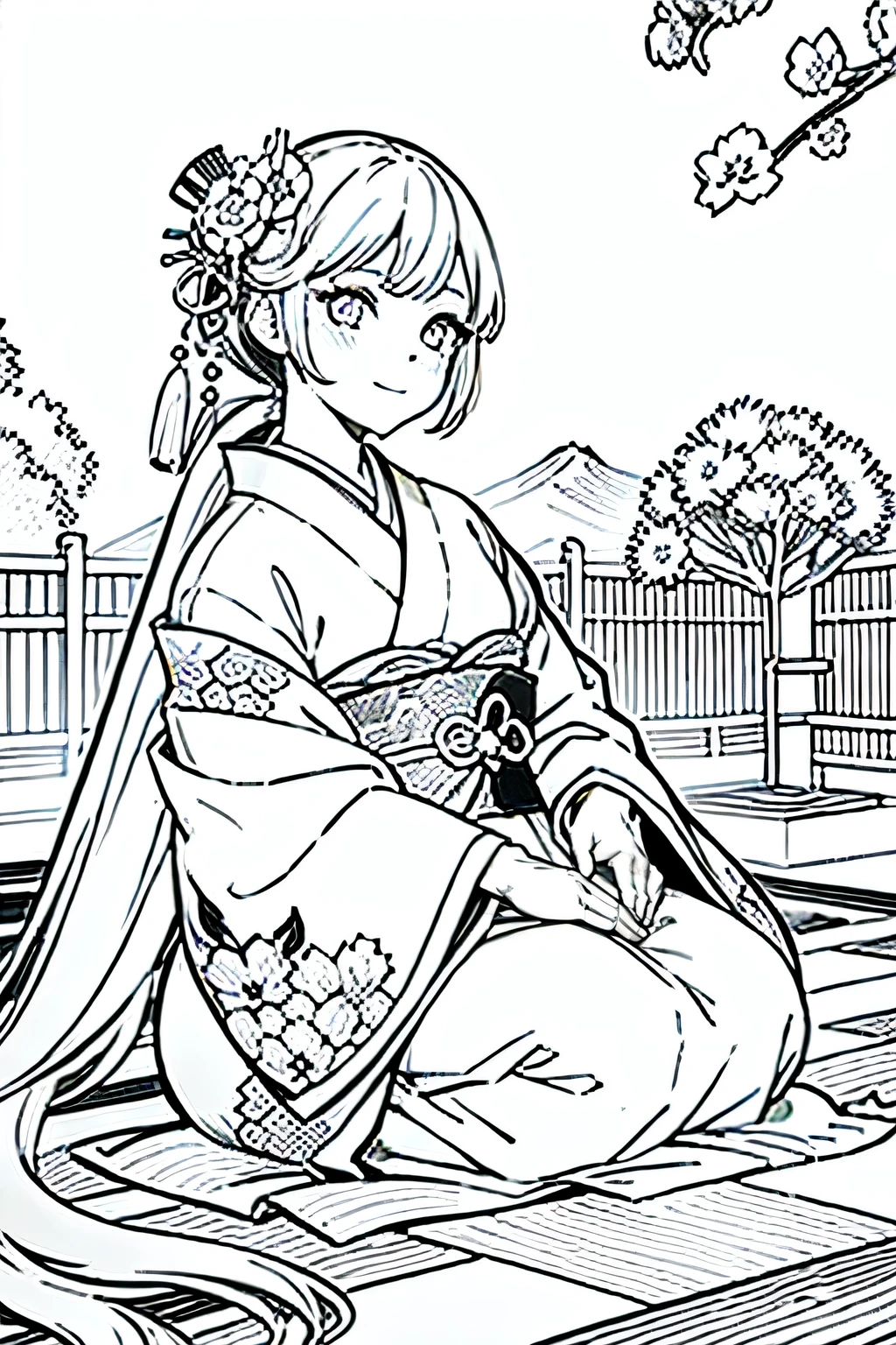 Obra maestra, superlativo,solamente, Dragon cute , flower line drawing background, fondo blanco, monocromo, line drawing, ((bosquejo)), spooky, white eyes, Please create a simple monochrome coloring book that even a  can do, depicting a realistic and cute ukiyo-e illustration of a girl in a kimono, in various poses, with a Japanese garden in the background, that conveys Japanese culture.