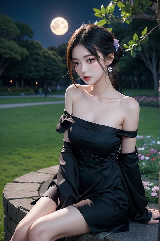 dark dress, (night), ((single bare shoulder)), iridescence, In the park under the moonlight，A beautiful girl sitting among the flowers，Surrounded by blooming flowers and fluttering butterflies。Girl&#39;s cleavage is visible，The body leans back，Support your body with your elbows，Showing an elegant and seductive posture。She has a very beautiful、Well-proportioned legs，Anatomically correct。The girl&#39;s face is delicate，Bathed in the soft moonlight，The whole scene is filled with atmospheric lighting effects。Dramatic lighting creates a cinematic atmosphere。The bright smile on the girl&#39;s face adds a touch of fantasy。