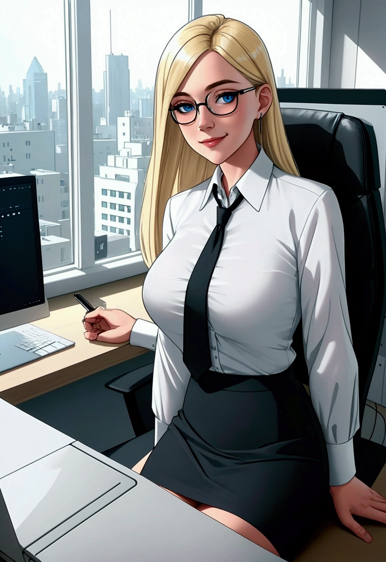 A blonde girl with blue eyes wearing glasses, a white shirt, and a black skirt, working at her desk in an office. The office is modern with a minimalist design, featuring a large window with cityscape views, a sleek wooden desk, and various office supplies neatly arranged. She is focused on her computer screen, with a gentle smile on her face, giving an impression of professionalism and dedication. The lighting is natural, coming from the window, creating a bright and productive atmosphere.