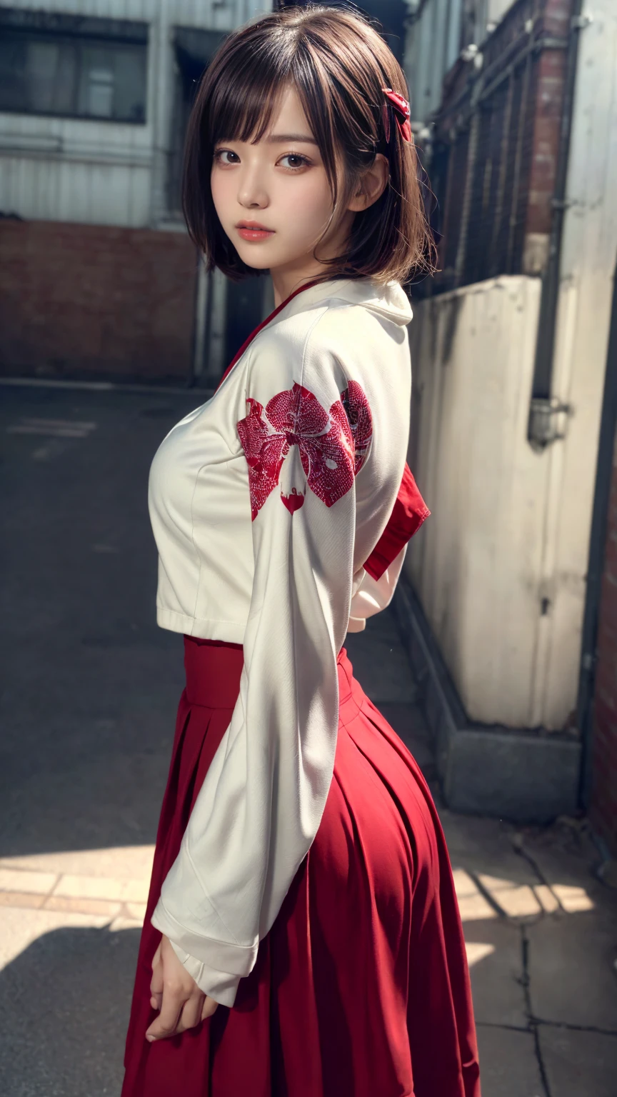 (absurdres:1.3), (highres:1.3), (ultra detailed:1.3),(1girl:1.3), (extremely detailed CG unity 8k wallpaper:1.3), (detailed skin texture, detailed cloth texture, detailed hair texture), (beautiful detailed face, supermodel, pale skin, realistic glistening skin), (RAW photo, best quality), (realistic, photo-realistic:1.4), masterpiece, extremely delicate and beautiful,Amazing, finely detail, extremely detailed CG unity 8k wallpaper, huge filesize, ultra-detailed, highres, absurdres, soft light,rim light, vibrant details, short bob hair, black hair color, Big Natural Color Lip, (perfect body shape), beautiful legs, BREAK (white and red theme:1.4), (fusion of (white kimono tops:1.2) and (red high-waisted maxi length skirt):1.4), (long sleeve:1.3), (kimono-collar:1.2), (red outlines on white kiomno:1.2), (white very short ankle socks:1.2), (Japanese clogs geta:1.2),
crying a little、little smile, Harajuku style、20 year old girl、cute type、ta、open legs