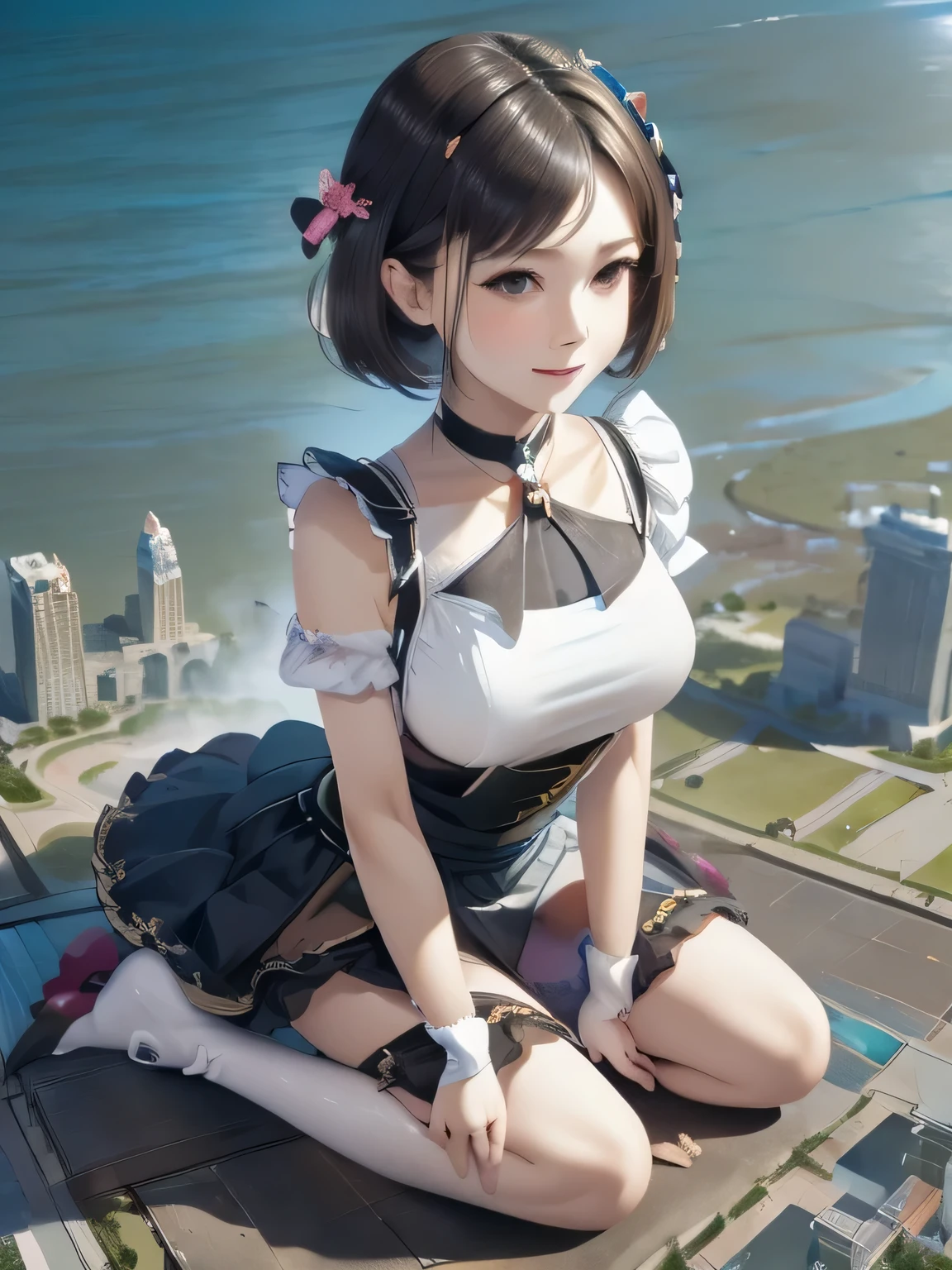 multiple girls, 3girls, standing, giantess art, highly detailed giantess shot, giantess, most detailed, perfect face, two legs, five fingers, short hair, beautiful girl bigger than a skyscraper, wearing rimless glasses, smiling, huge breasts, maid, maid outfit, black pantyhose, no shoes, toes visible through pantyhose, steam coming out of soles of feet, seaside metropolis, ocean, destroying city, under heavy attack, very small metropolis, miniature metropolis, full body depiction, GTS, giga giant, gigagts, trampling city, crashed city, small city, micro city, pantyhose feet, high resolution, best quality, masterpiece,