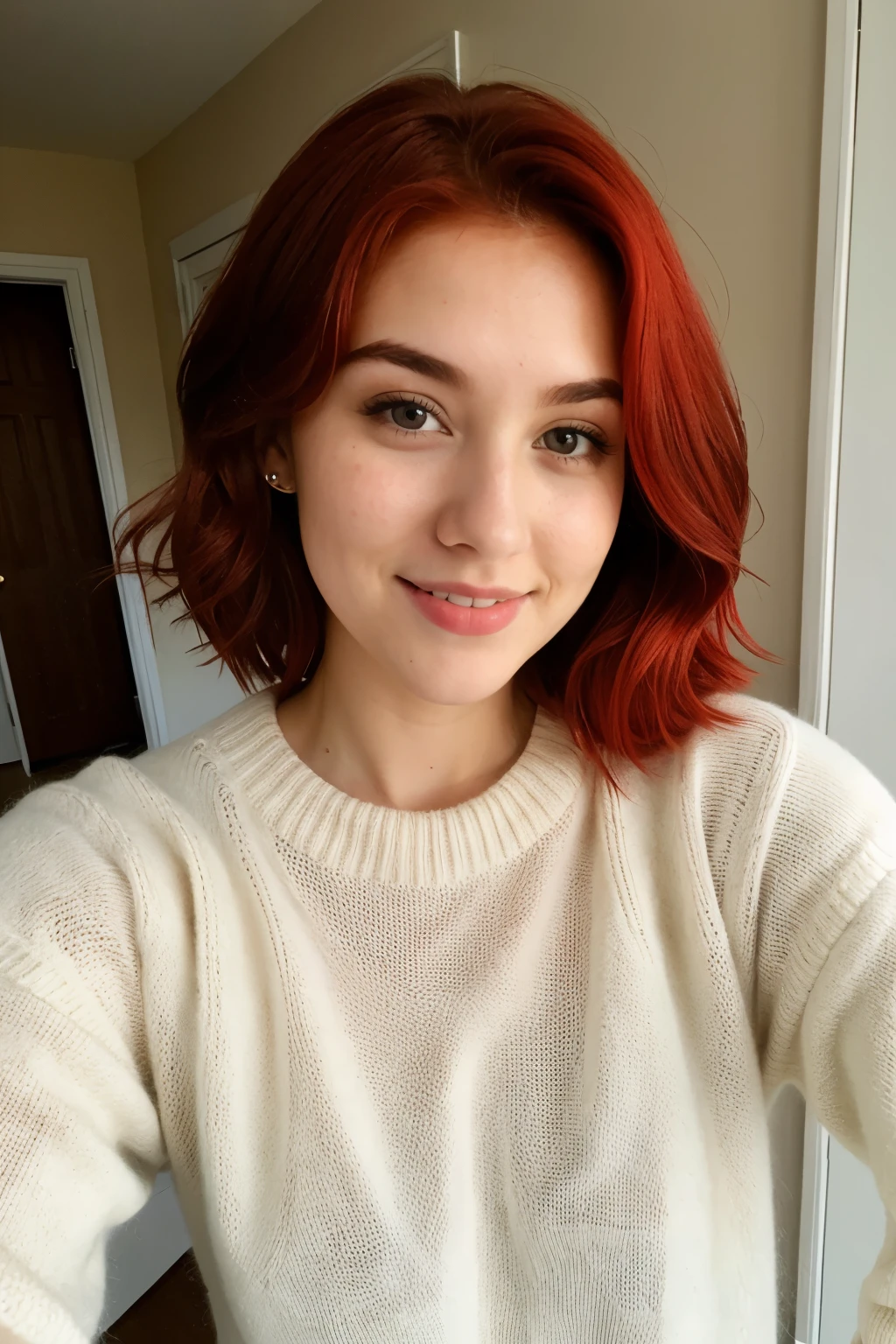 red hair girl, posing for a selfie wearing a sweater