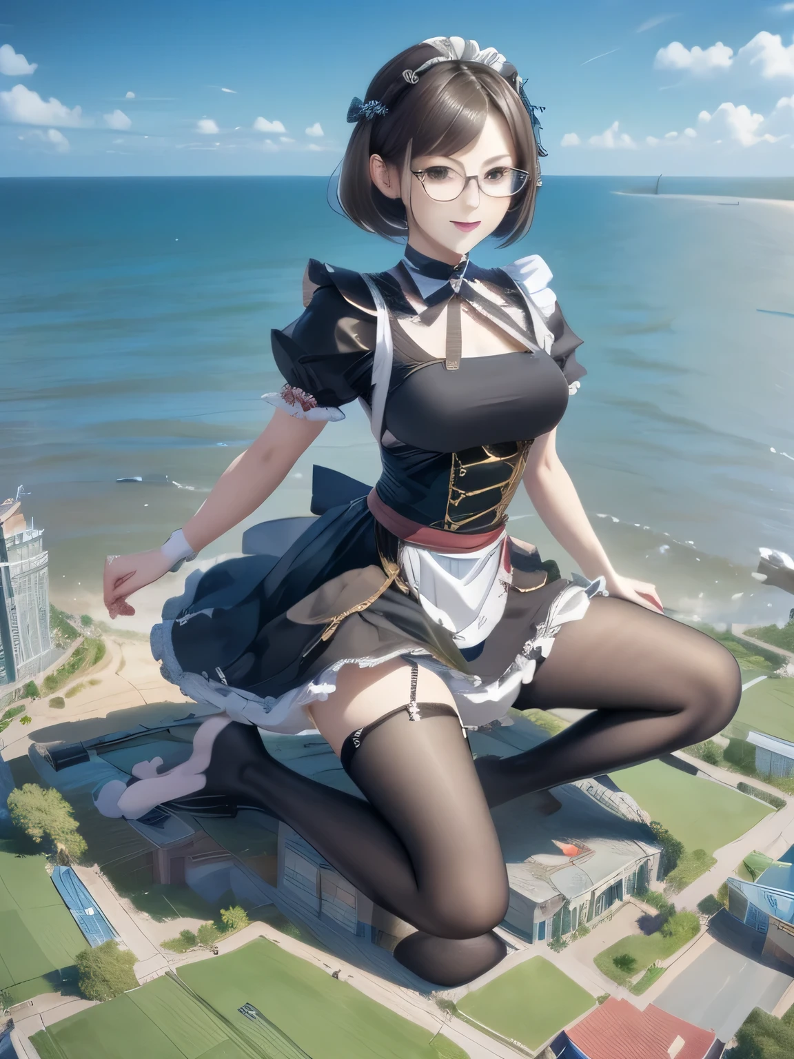 multiple girls, 3girls, standing, giantess art, highly detailed giantess shot, giantess, most detailed, perfect face, two legs, five fingers, short hair, beautiful girl bigger than a skyscraper, wearing rimless glasses, smiling, huge breasts, maid, maid outfit, black pantyhose, no shoes, toes visible through pantyhose, steam coming out of soles of feet, seaside metropolis, ocean, destroying city, under heavy attack, very small metropolis, miniature metropolis, full body depiction, GTS, giga giant, gigagts, trampling city, crashed city, small city, micro city, pantyhose feet, high resolution, best quality, masterpiece,