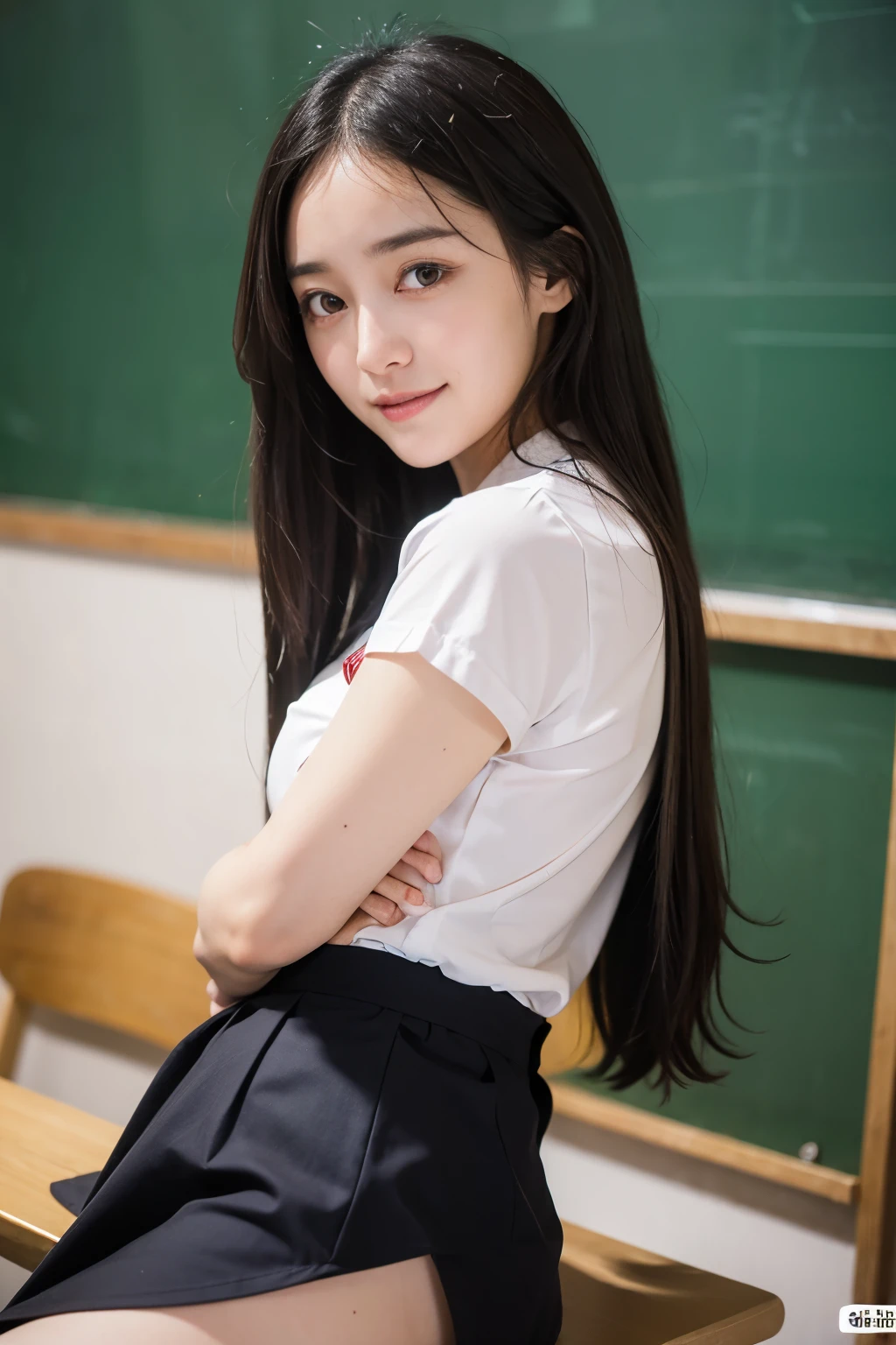((masterpiece)), ((best quality)), ((ultra-detailed)),((hyperrealistic)),(japanese cute girl),(shiny skin),1girl,(forehead),black hair,long hair,(black big eyes,tareme,droopy eyes),(small breasts),15 years old,dynamic angle,(((blush,in heat))), cheeks,neat and clean,(white shirt,black tie,,black miniskirt),arms behind back,school,class room,smile,