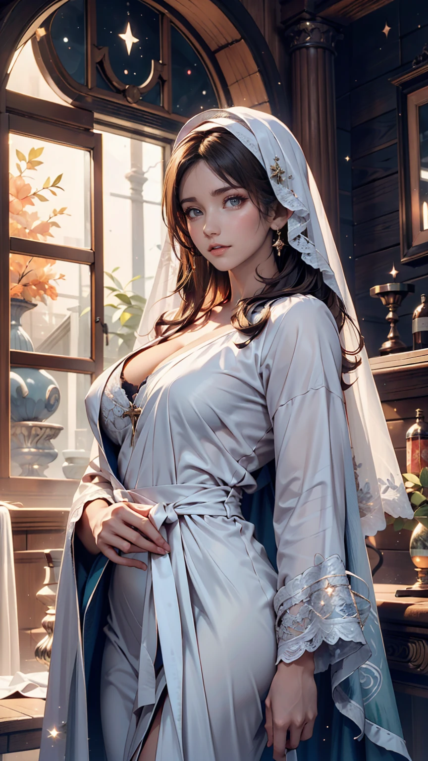 Mother of Jesus(Virgin Mary), Black hair and green eyes, light brown skin, Wearing a light blue robe, And a sky-blue veil, A calm expression that brings peace (whole body) Near the window, Illuminated by the moonlight (Magnificent and realistic)、Sexy proportions、Sexy