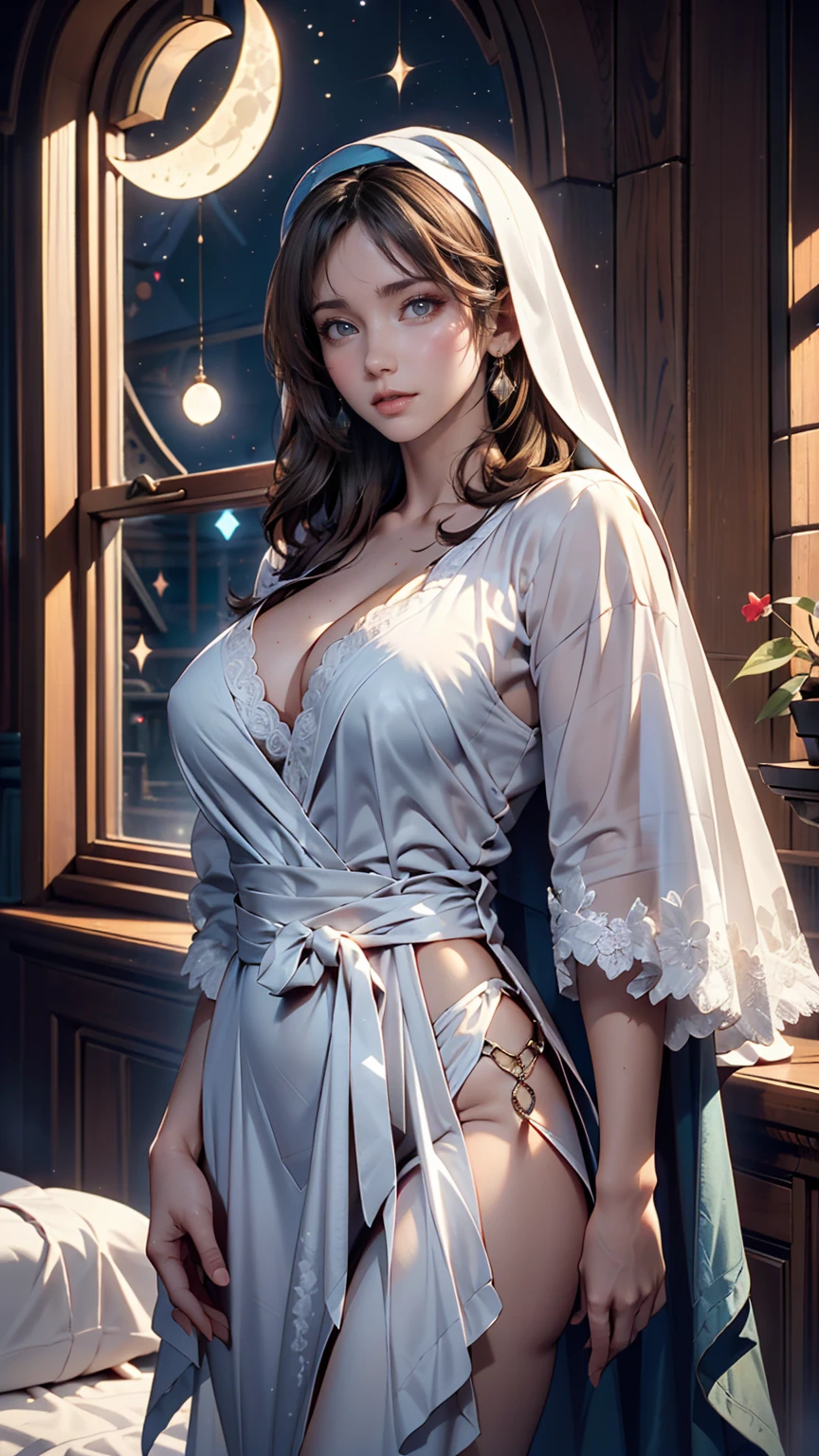Mother of Jesus(Virgin Mary), Black hair and green eyes, light brown skin, Wearing a light blue robe, And a sky-blue veil, A calm expression that brings peace (whole body) Near the window, Illuminated by the moonlight (Magnificent and realistic)、Sexy proportions、Sexy