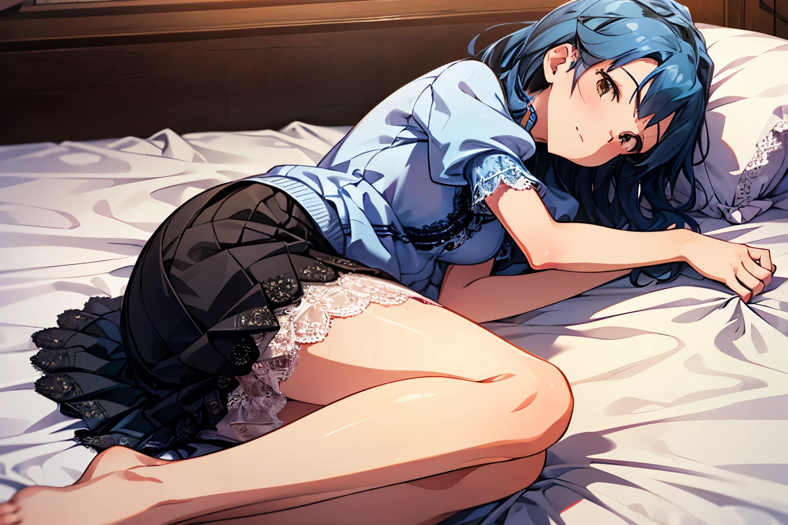 yuriko nanao (million live), 1 girl, Solo, Best Quality, masterpiece, 8K, High resolution, Ultra-detailed, madeon, lying on the bed, on side, extended legs, blue sweater, high neck sweater, puffy sleeves, short sleeves, necklace, long skirt, (((lacy skirt, white skirt))), barefoot, in hotel, 