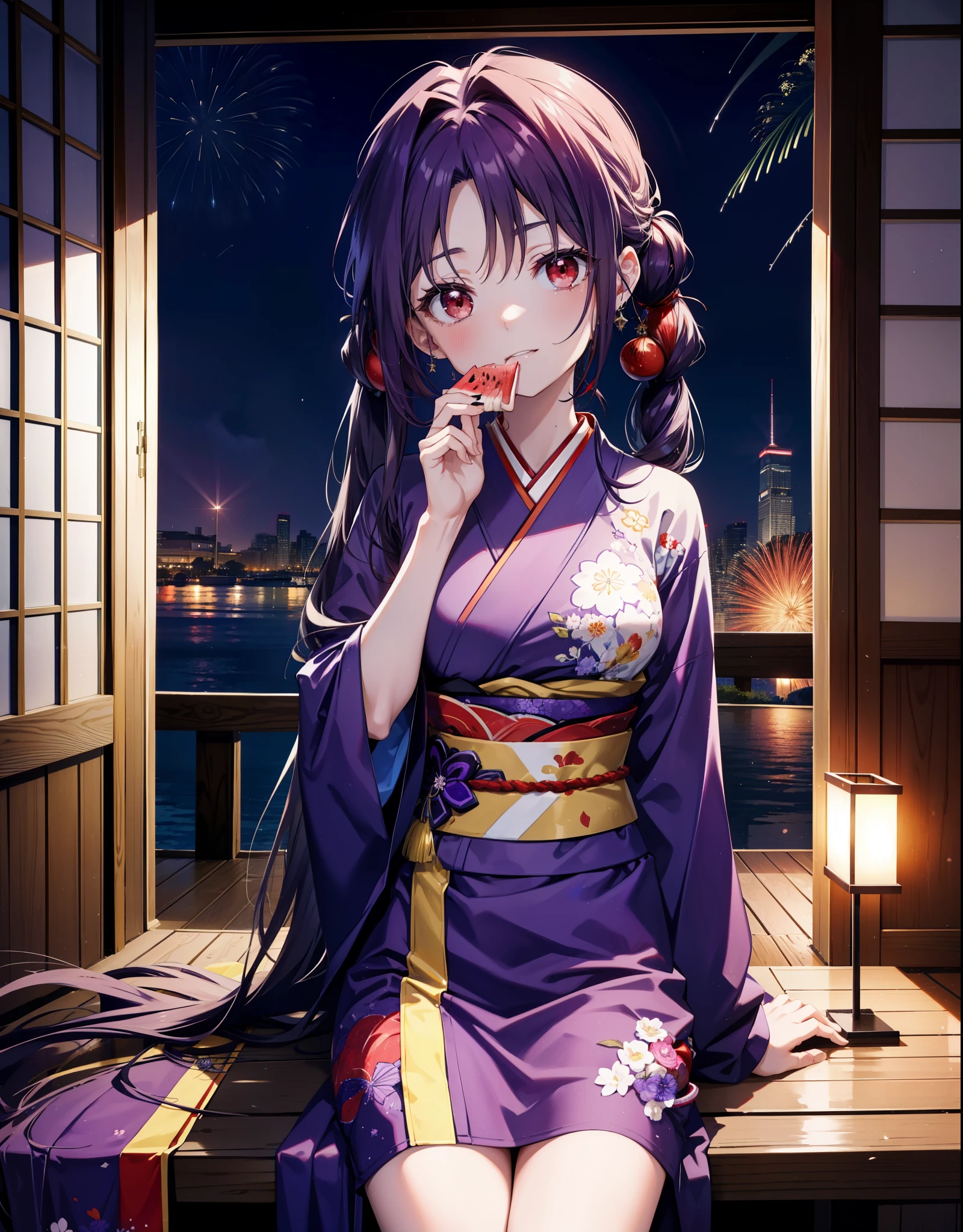 yuukikonno, Yuuki Konno, hair band, Long Hair, Pointed Ears, Purple Hair, (Red eyes:1.5), (Small breasts:1.2),low twin tail,smile,Open your mouth,Purple Kimono,Purple long skirt,Fireworks in the night sky,Fireworks,The place is a fireworks display,Time is night,sunny day,Sitting on a bench,He is eating a triangular piece of red watermelon, holding it in both hands.,Wind Chimes,whole bodyがイラストに入るよう,
break looking at viewer, , whole body, (Cowboy Shot:1. 5)
break indoors, Veranda,Japanese garden,
break (masterpiece:1.2), Highest quality, High resolution, unity 8k wallpaper, (figure:0.8), (Beautiful attention to detail:1.6), Highly detailed face, Perfect lighting, Highly detailed CG, (Perfect hands, Perfect Anatomy),