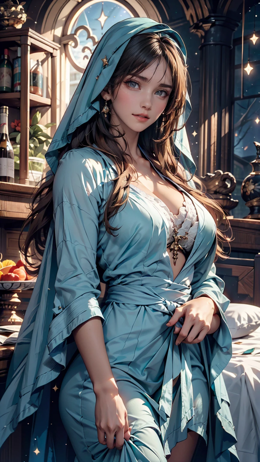 Mother of Jesus(Virgin Mary), Black hair and green eyes, light brown skin, Wearing a light blue robe, And a sky-blue veil, A calm expression that brings peace (whole body) Near the window, Illuminated by the moonlight (Magnificent and realistic)、Sexy proportions、Sexy