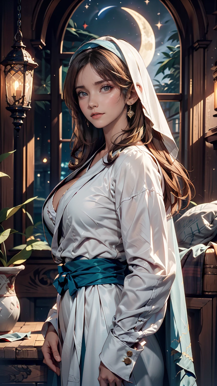 Mother of Jesus(Virgin Mary), Black hair and green eyes, light brown skin, Wearing a light blue robe, And a sky-blue veil, A calm expression that brings peace (whole body) Near the window, Illuminated by the moonlight (Magnificent and realistic)、Sexy proportions、Sexy